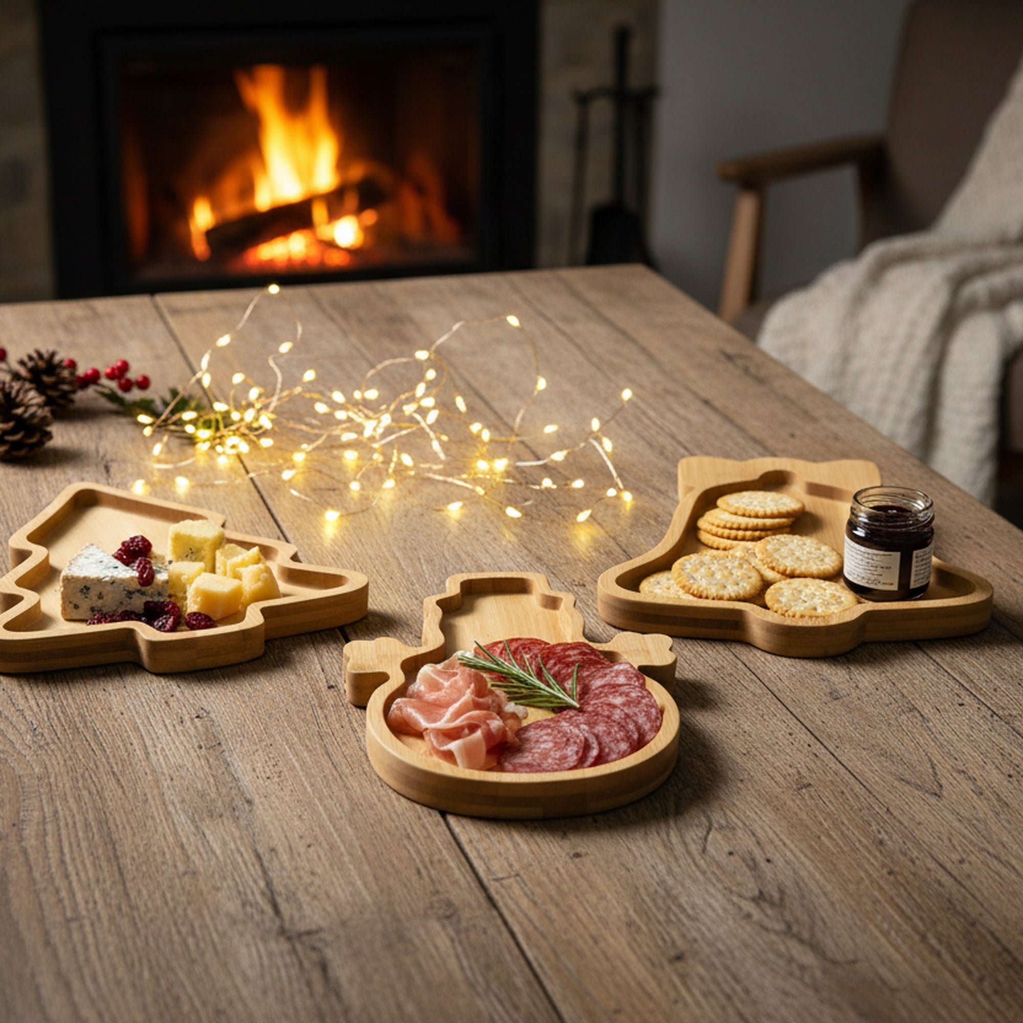 Bamboo Serving Tray Assorted Bell/Tree/Snowman, Christmas, Serving Tray, Holiday Decor- Set of 3