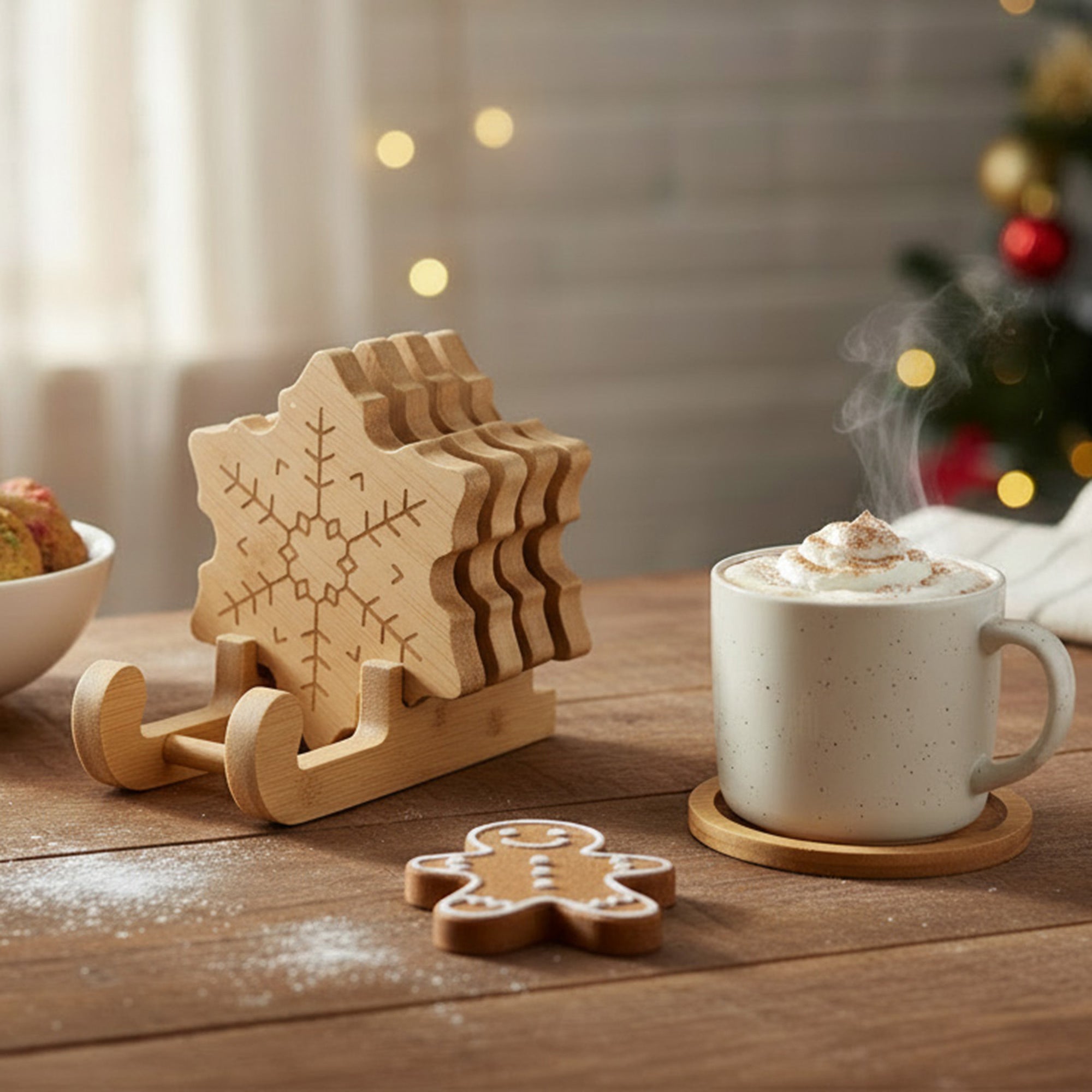 Bamboo Coaster Set 4 Piece Snowflake, Christmas, Coaster Set, Holiday Decor