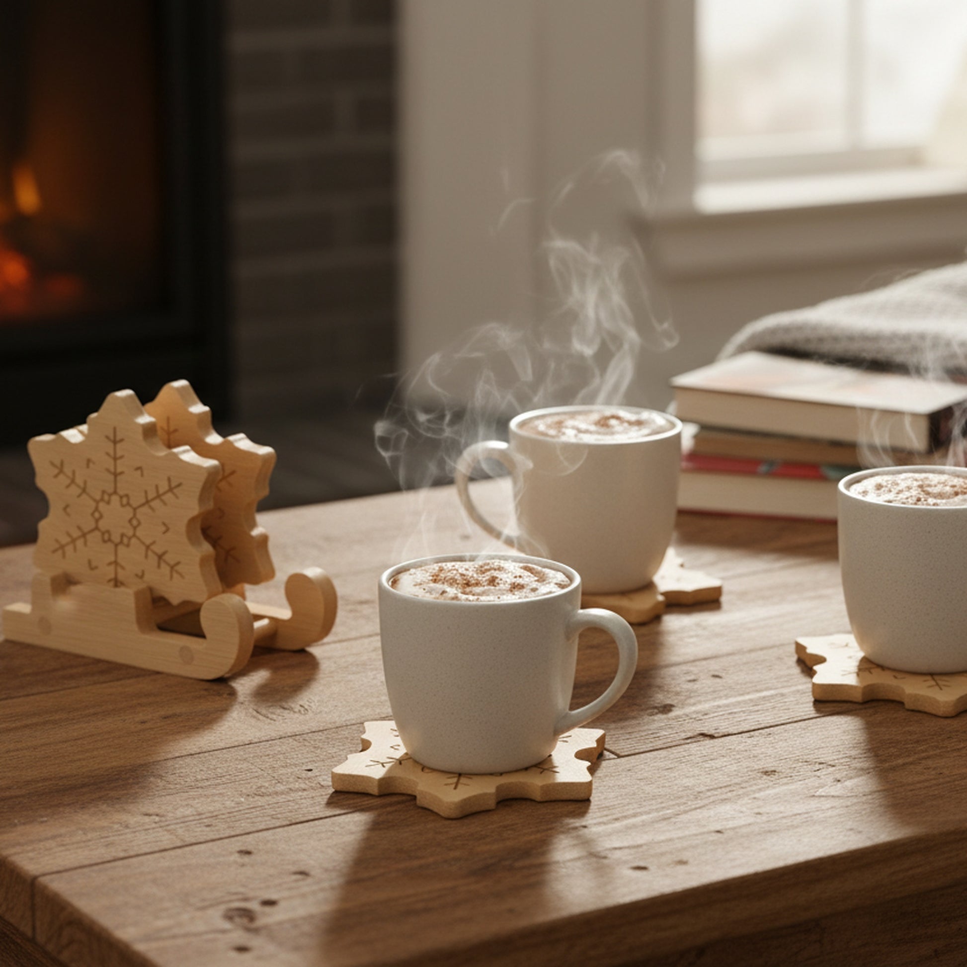 Bamboo Coaster Set 4 Piece Snowflake, Christmas, Coaster Set, Holiday Decor