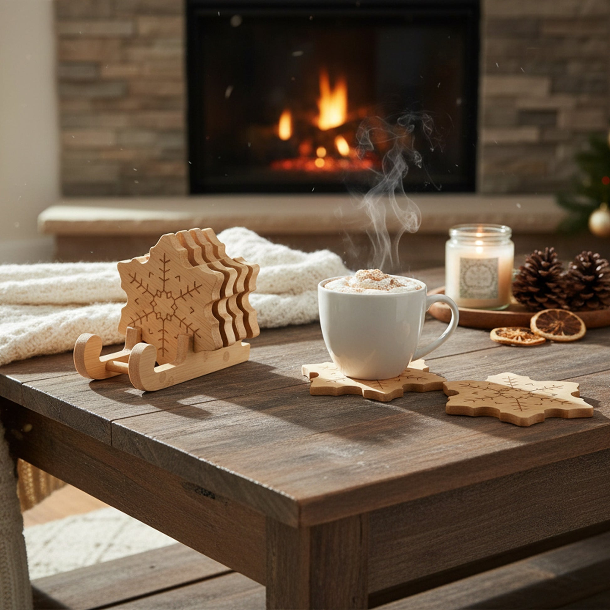 Bamboo Coaster Set 4 Piece Snowflake, Christmas, Coaster Set, Holiday Decor