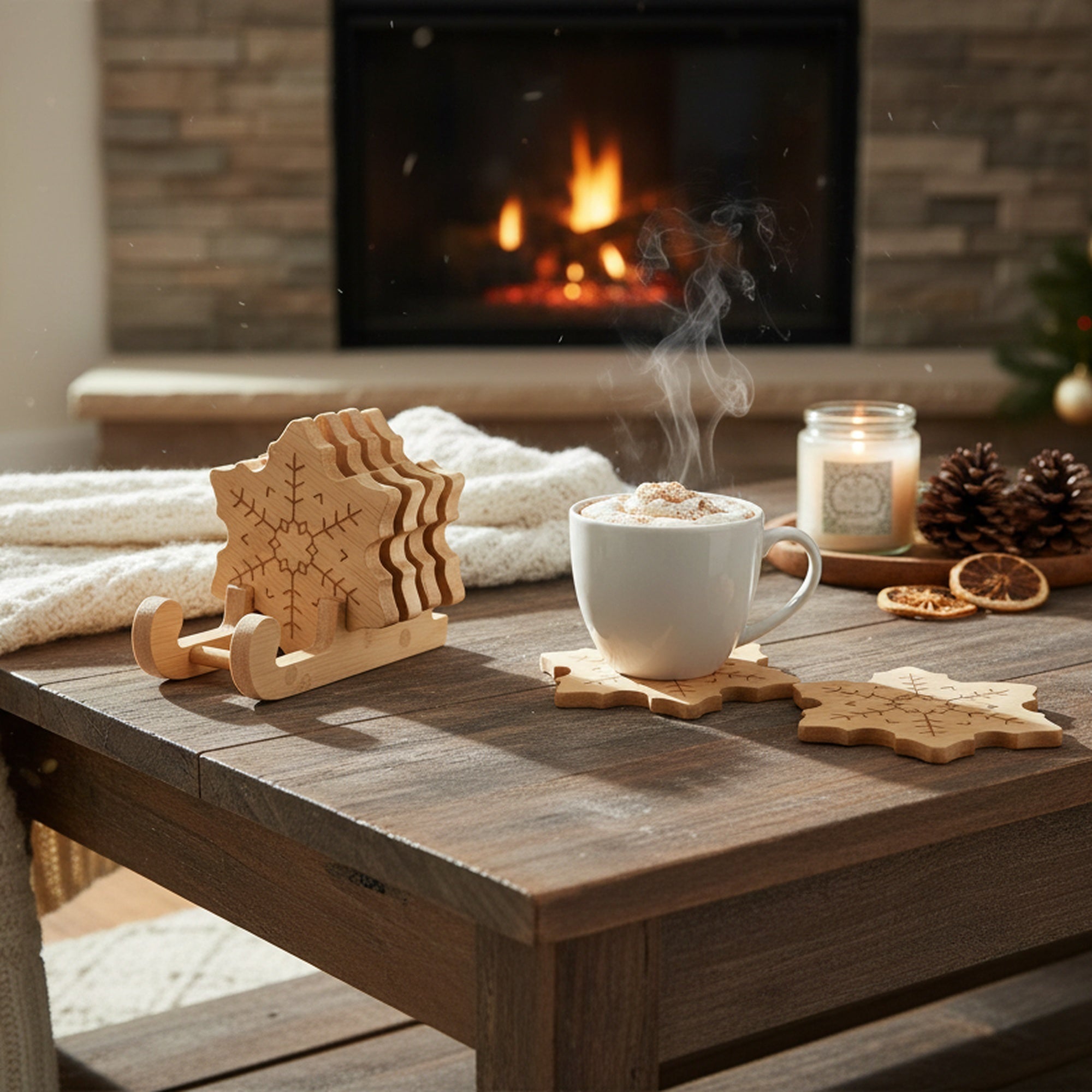 Bamboo Coaster Set 4 Piece Snowflake, Christmas, Coaster Set, Holiday Decor