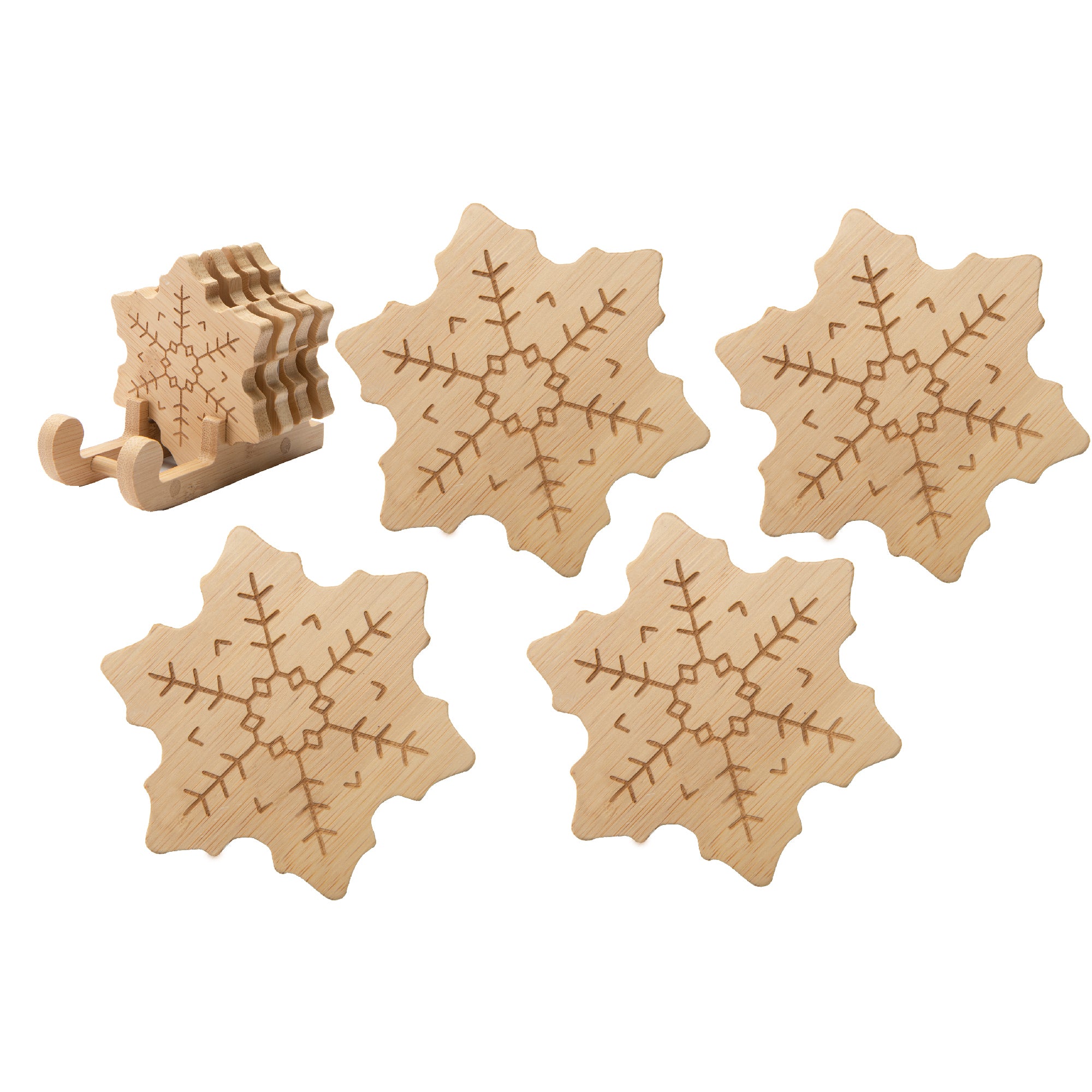 Bamboo Coaster Set 4 Piece Snowflake, Christmas, Coaster Set, Holiday Decor