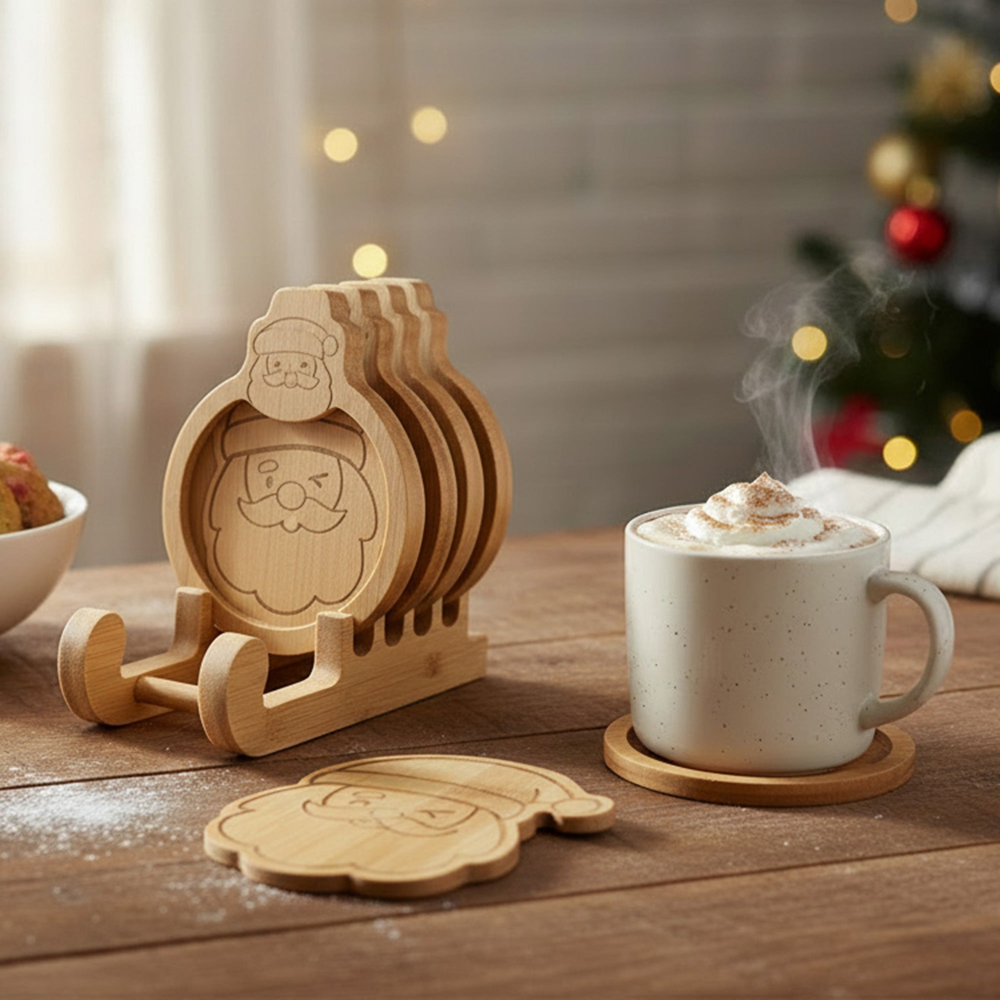 Bamboo Coaster Set 4 Piece Santa, Christmas, Coaster Set, Holiday Decor