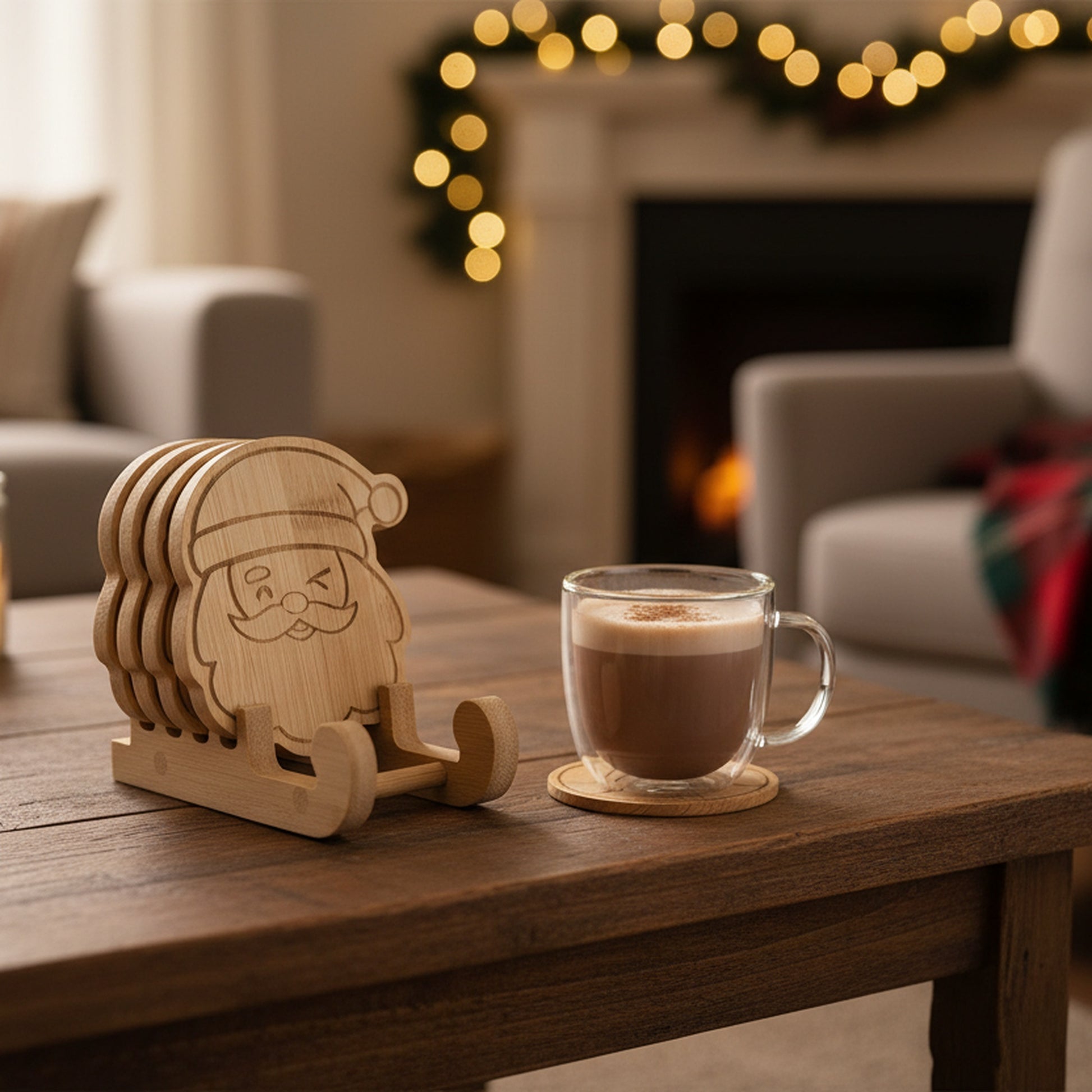 Bamboo Coaster Set 4 Piece Santa, Christmas, Coaster Set, Holiday Decor