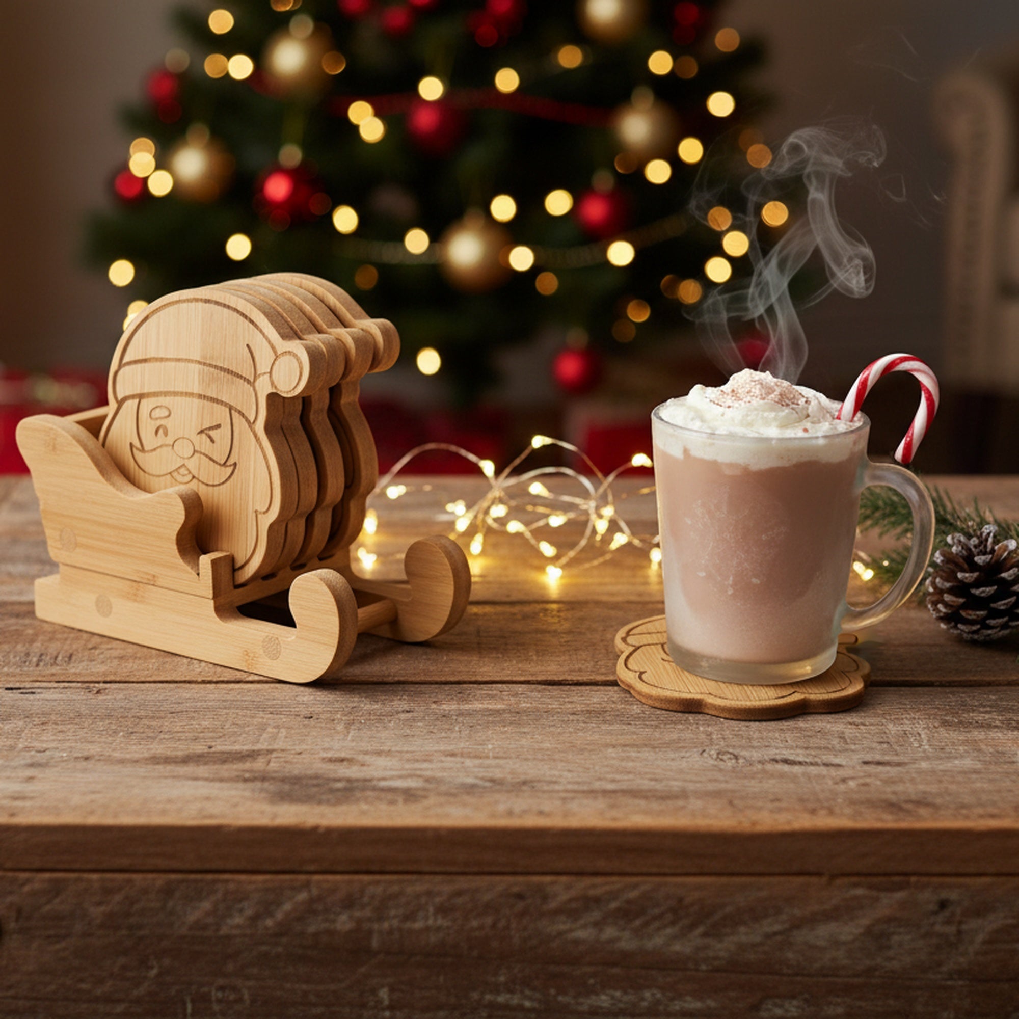Bamboo Coaster Set 4 Piece Santa, Christmas, Coaster Set, Holiday Decor