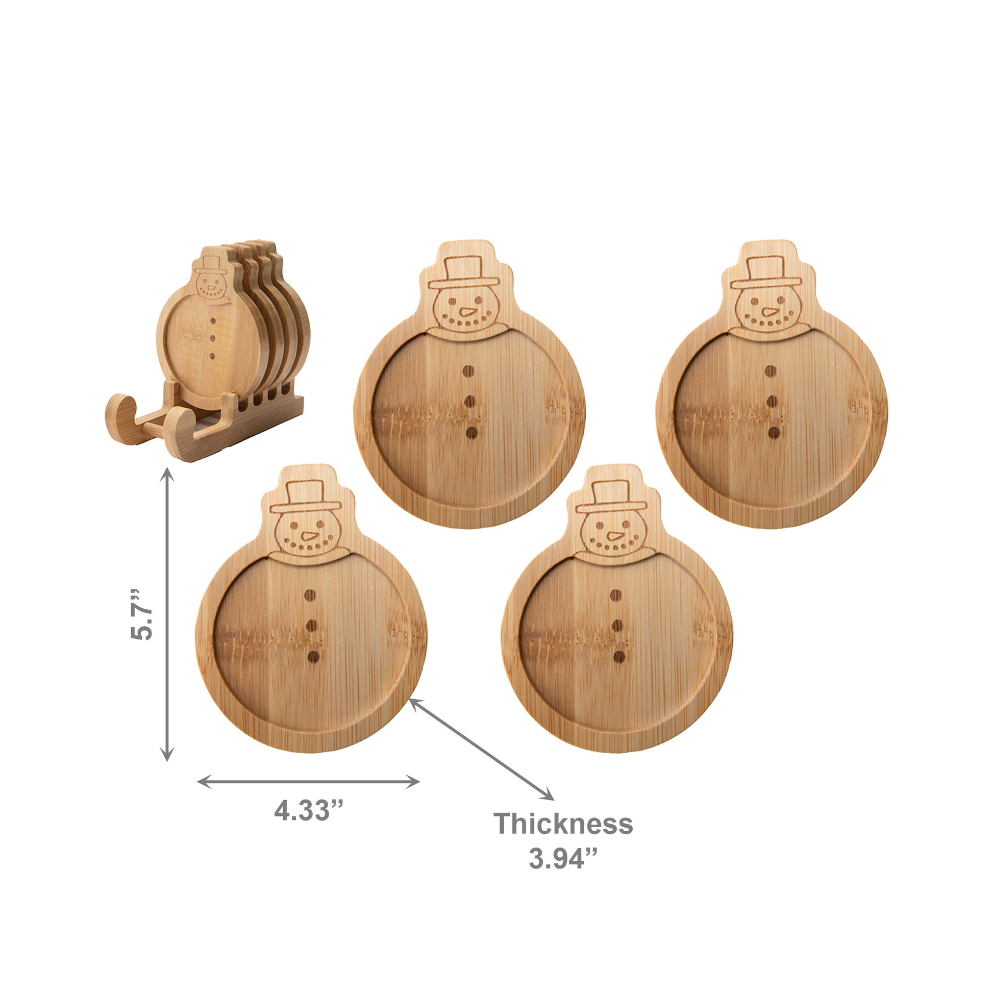 Bamboo Coaster Set 4 Piece Snowman, Christmas, Coaster Set, Holiday Decor