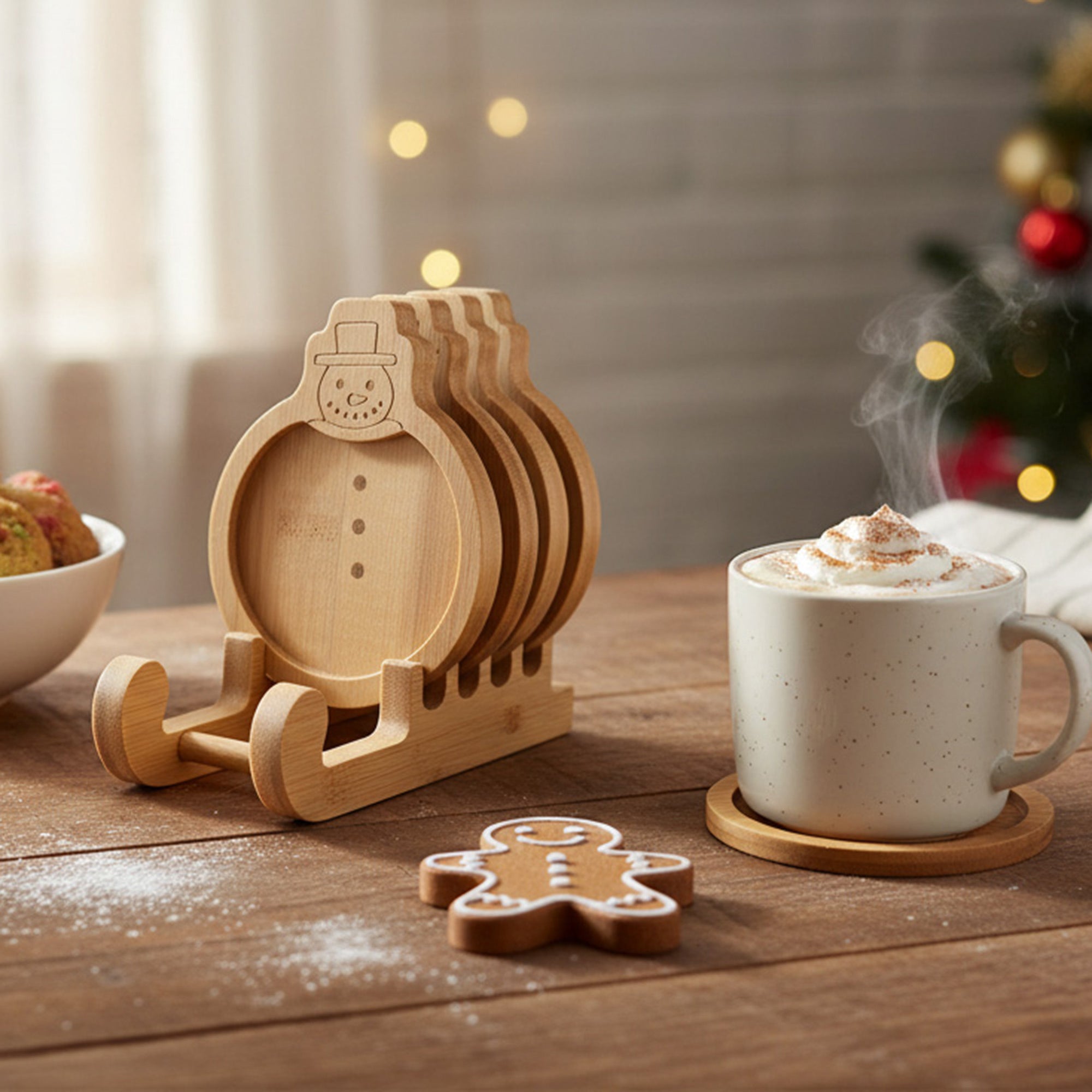 Bamboo Coaster Set 4 Piece Snowman, Christmas, Coaster Set, Holiday Decor