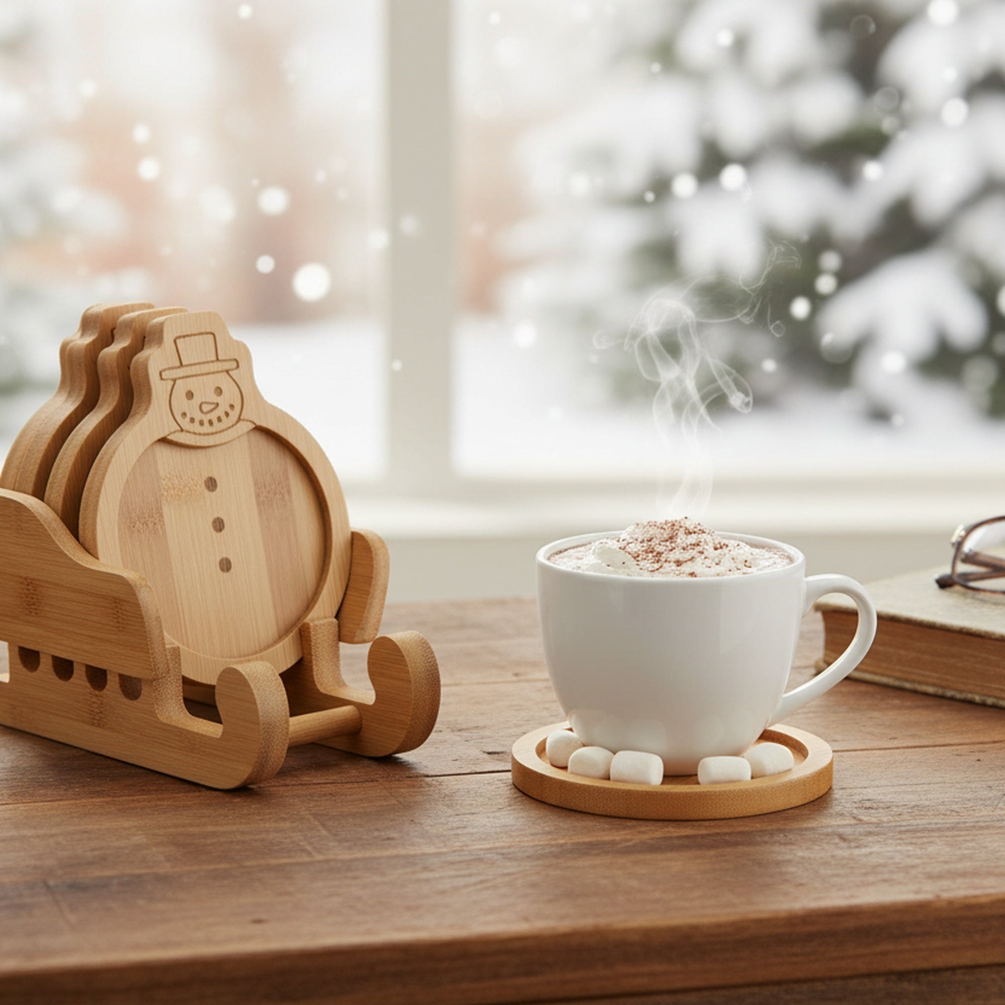 Bamboo Coaster Set 4 Piece Snowman, Christmas, Coaster Set, Holiday Decor