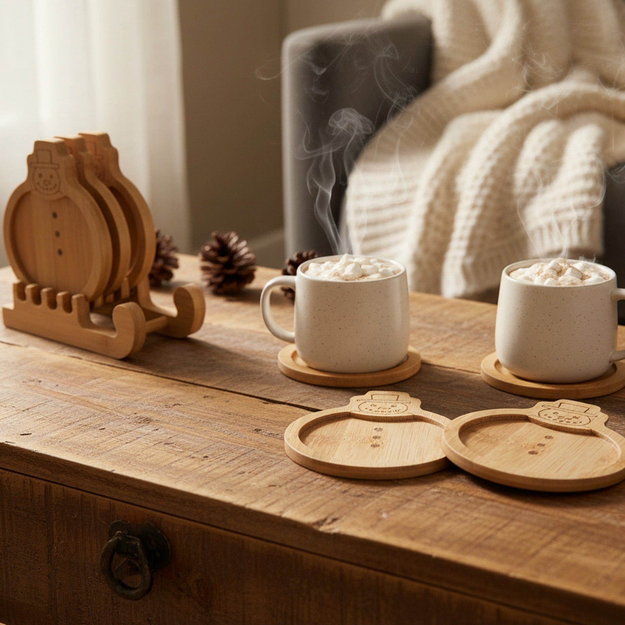 Bamboo Coaster Set 4 Piece Snowman, Christmas, Coaster Set, Holiday Decor