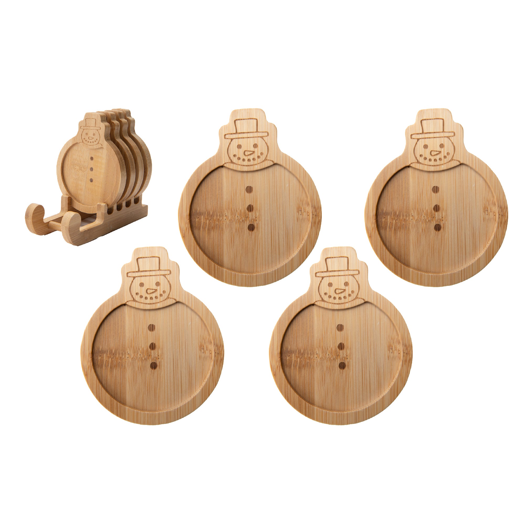 Bamboo Coaster Set 4 Piece Snowman, Christmas, Coaster Set, Holiday Decor