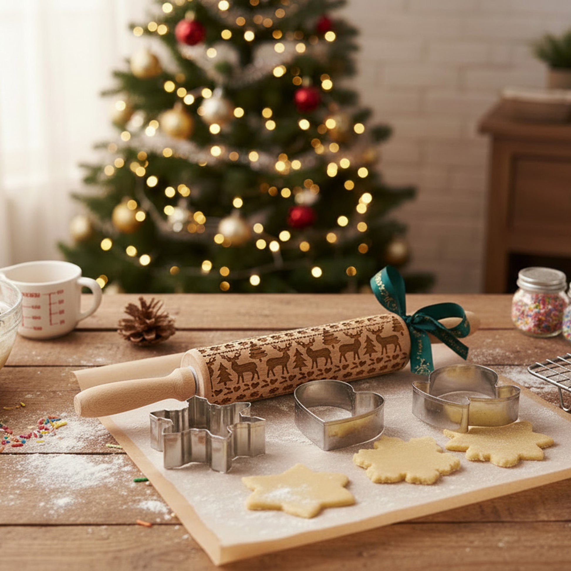 Xmas Baking Set Mitten Cutter and Rolling Pin 2 Piece, Holiday Decor