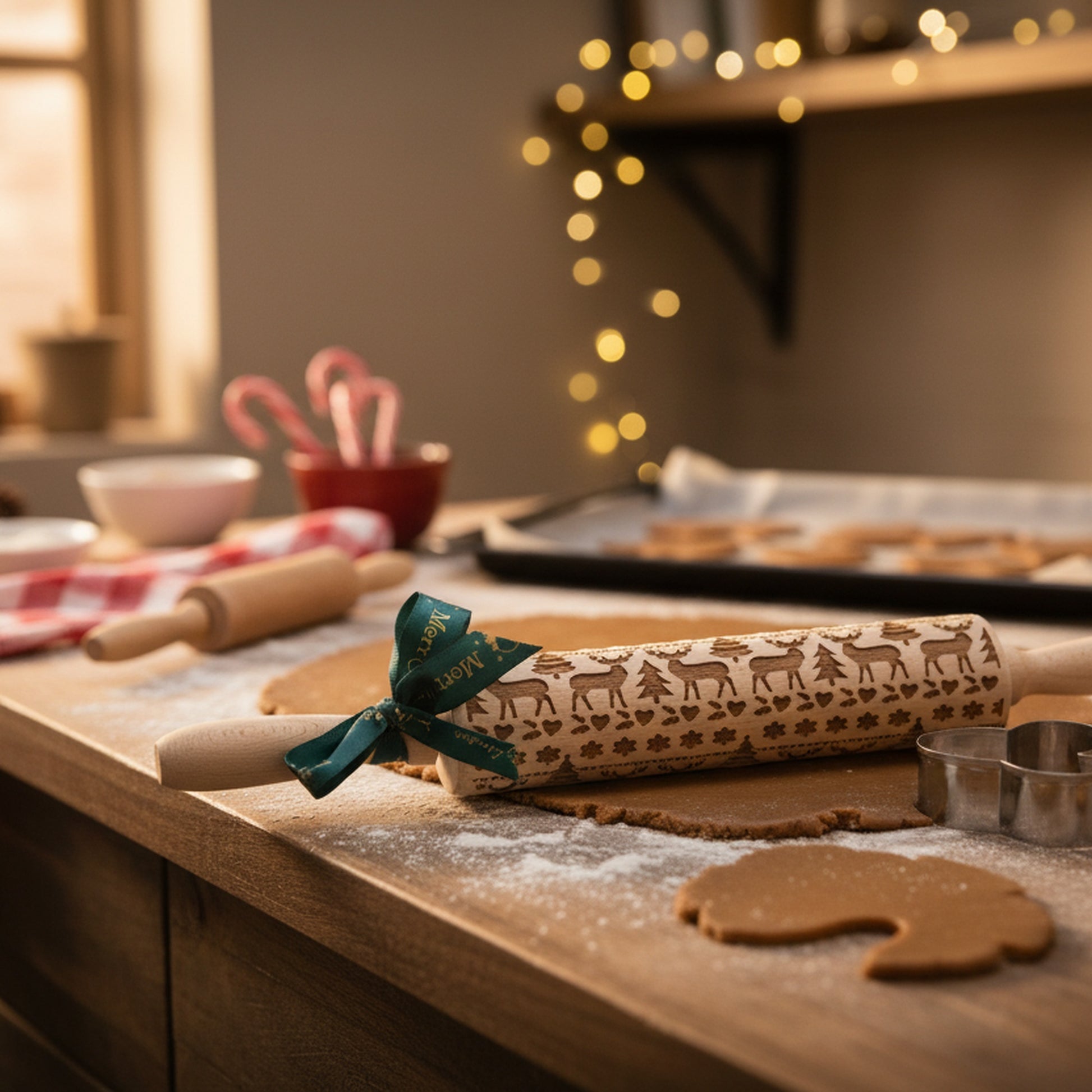 Xmas Baking Set Mitten Cutter and Rolling Pin 2 Piece, Holiday Decor