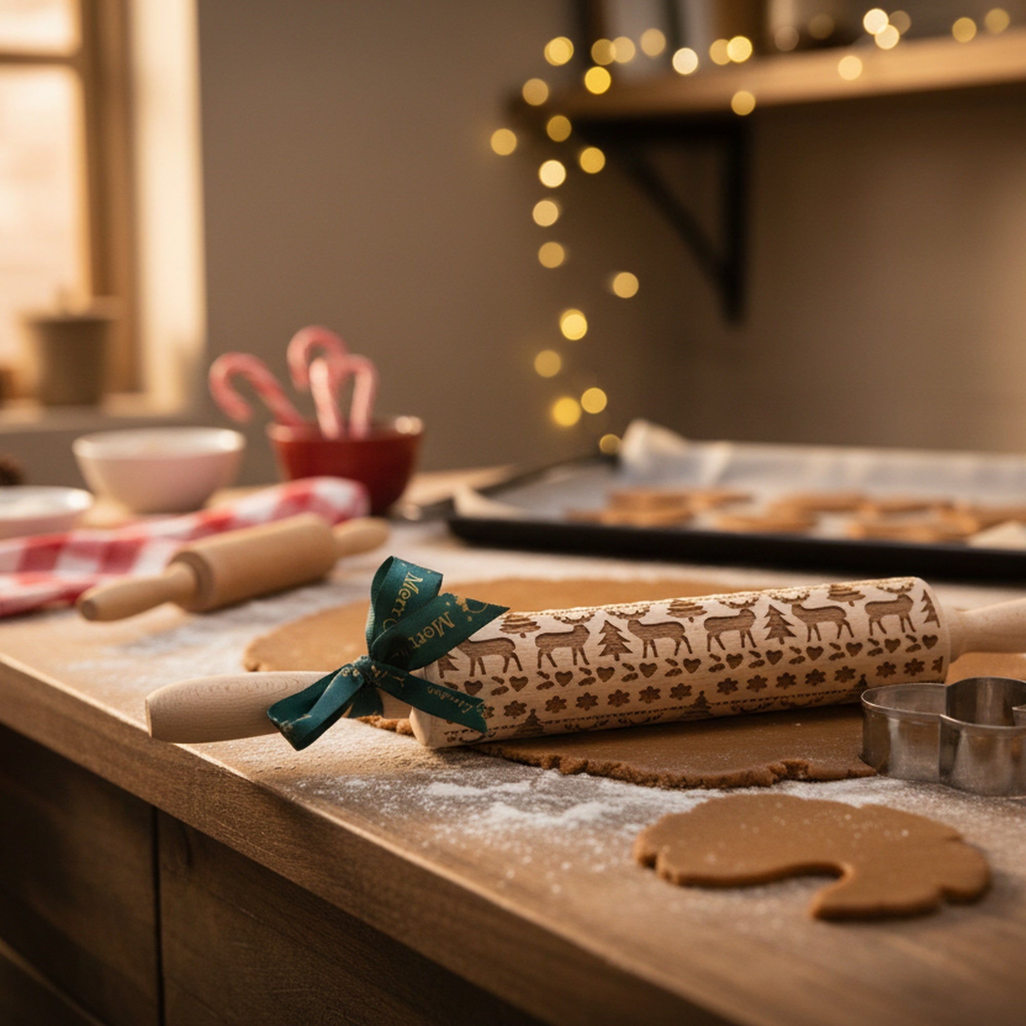 Xmas Baking Set Mitten Cutter and Rolling Pin 2 Piece, Holiday Decor