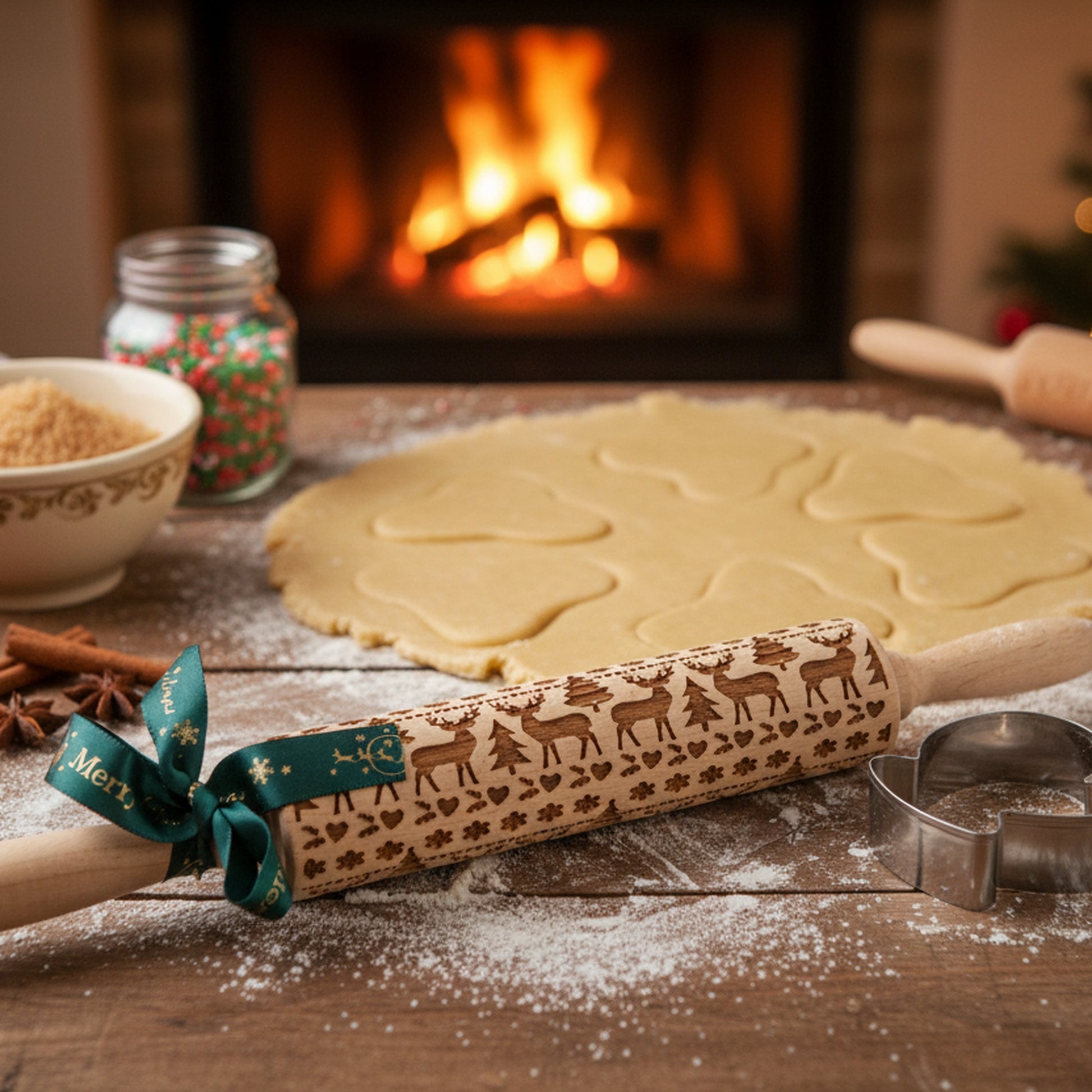 Xmas Baking Set Mitten Cutter and Rolling Pin 2 Piece, Holiday Decor