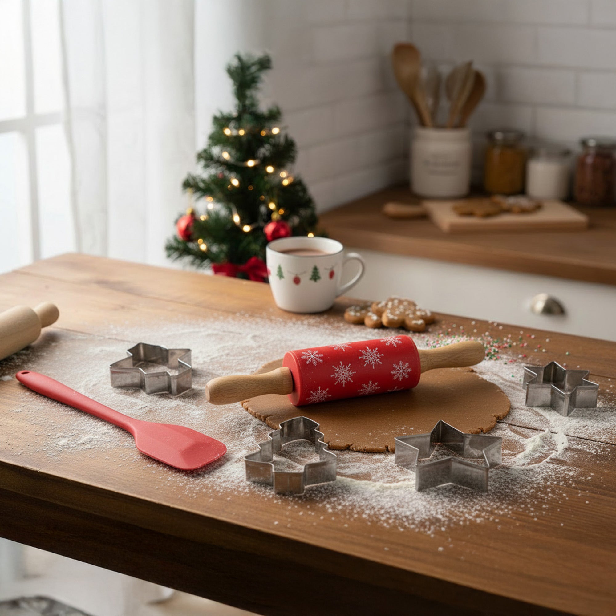 Christmas Baking Set Santa Cutter, Spatula, Rolling Pin 5 Piece, Christmas, Holiday Decor