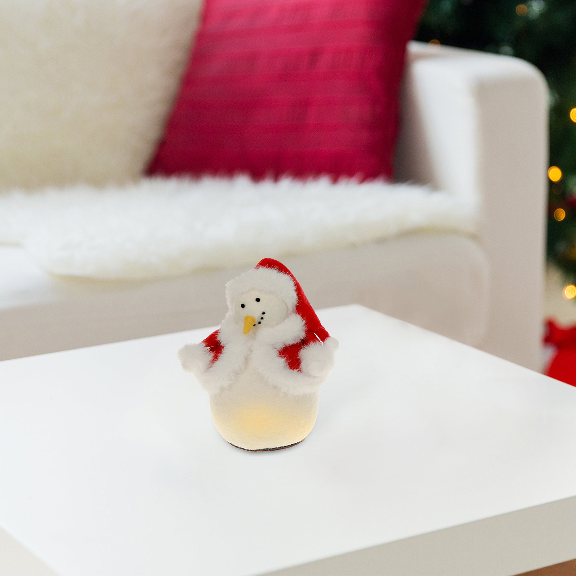 LED Wool Lit Snowman in Santa Outfit – Christmas Tabletop Decoration, Holiday Figurine, Festive Winter Accent
