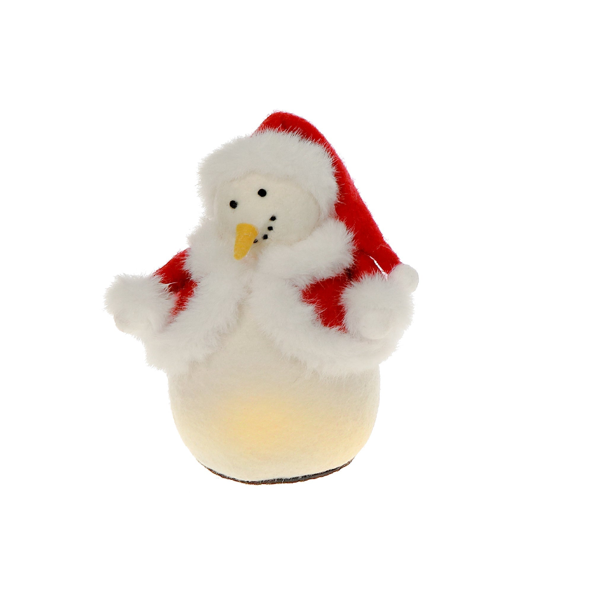 LED Wool Lit Snowman in Santa Outfit – Christmas Tabletop Decoration, Holiday Figurine, Festive Winter Accent