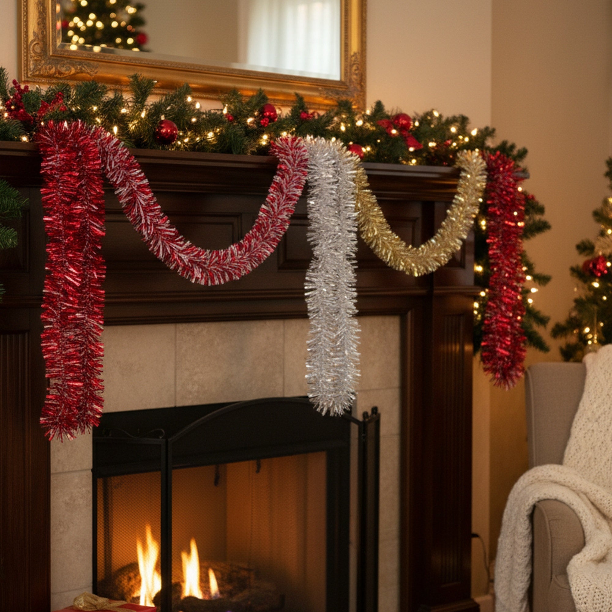2m White and Metallic Tinsel Garland Assorted, Garland, Holiday Decor- Set of 12