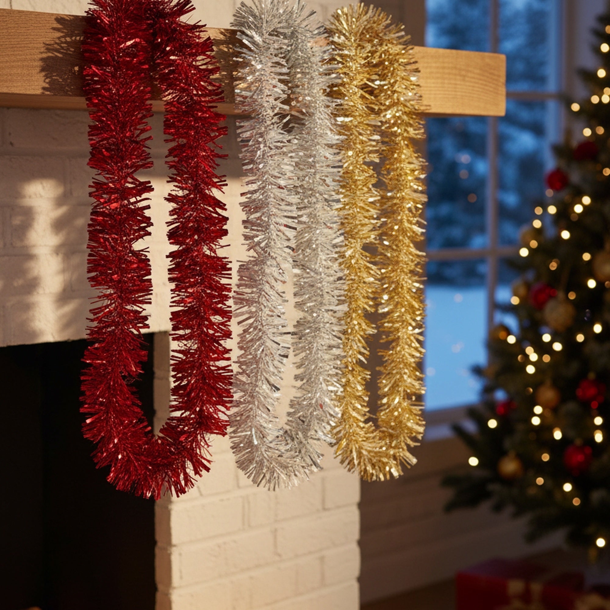 2m White and Metallic Tinsel Garland Assorted, Garland, Holiday Decor- Set of 12