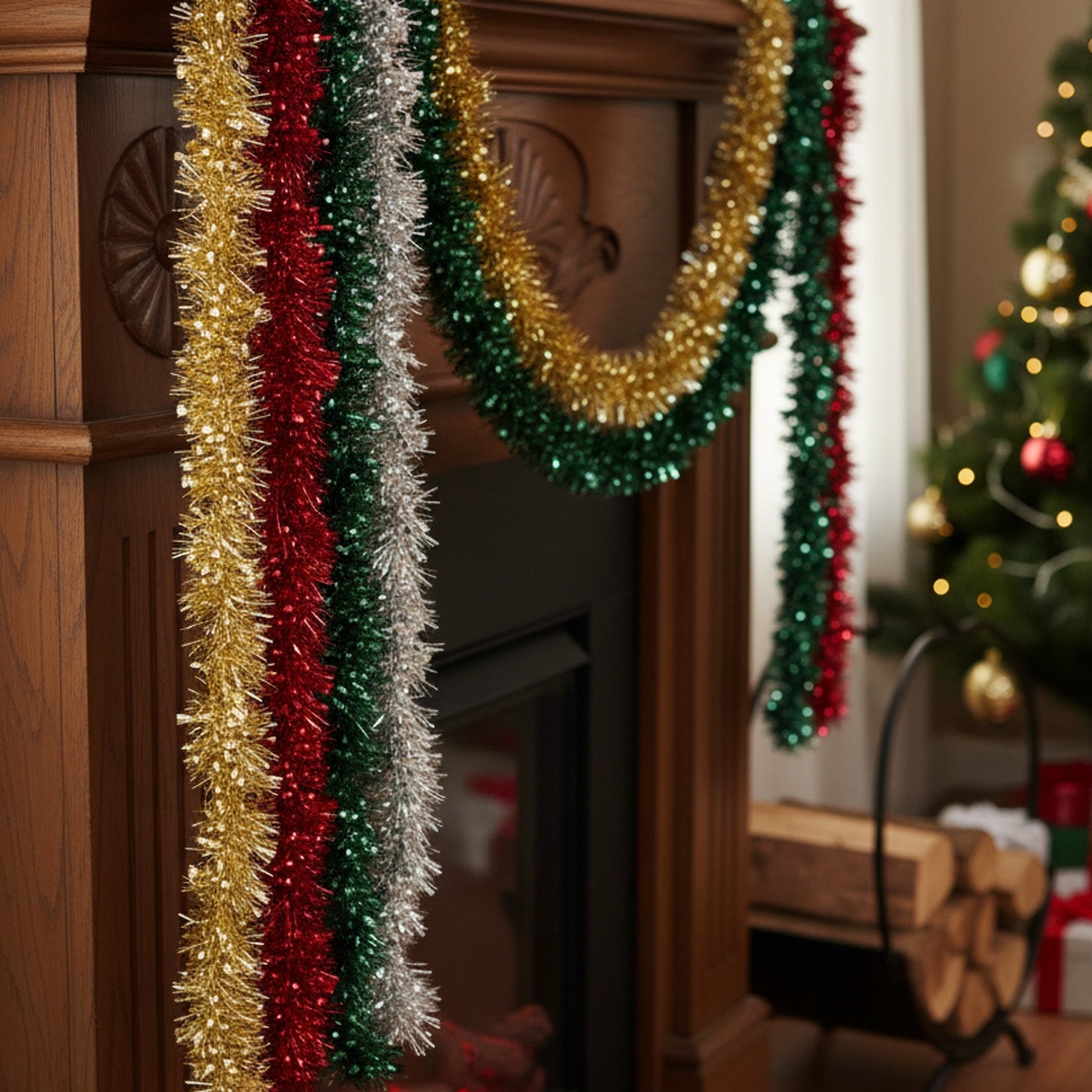 2m Mixed Cut Metallic Tinsel Garland Assorted, Garland, Holiday Decor- Set of 12