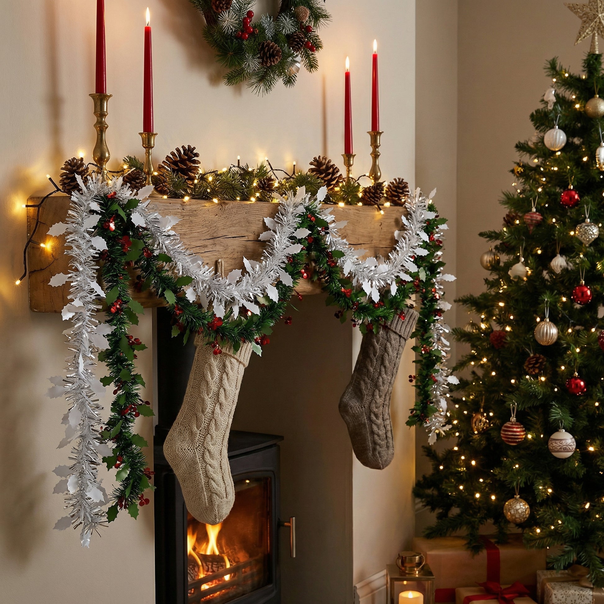 2m Tinsel Garland with Leaf Cutouts Assorted, Garland, Holiday Decor- Set of 12