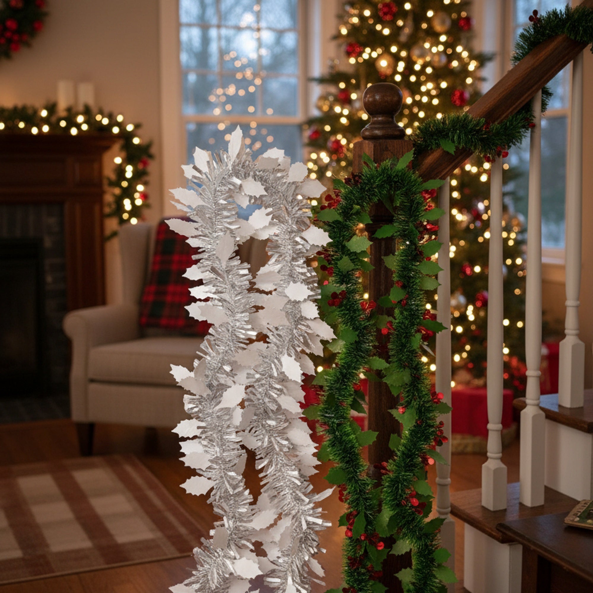 2m Tinsel Garland with Leaf Cutouts Assorted, Garland, Holiday Decor- Set of 12