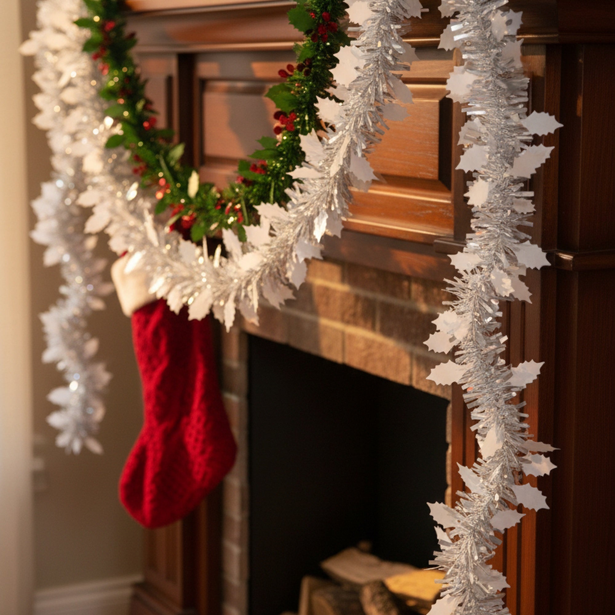 2m Tinsel Garland with Leaf Cutouts Assorted, Garland, Holiday Decor- Set of 12