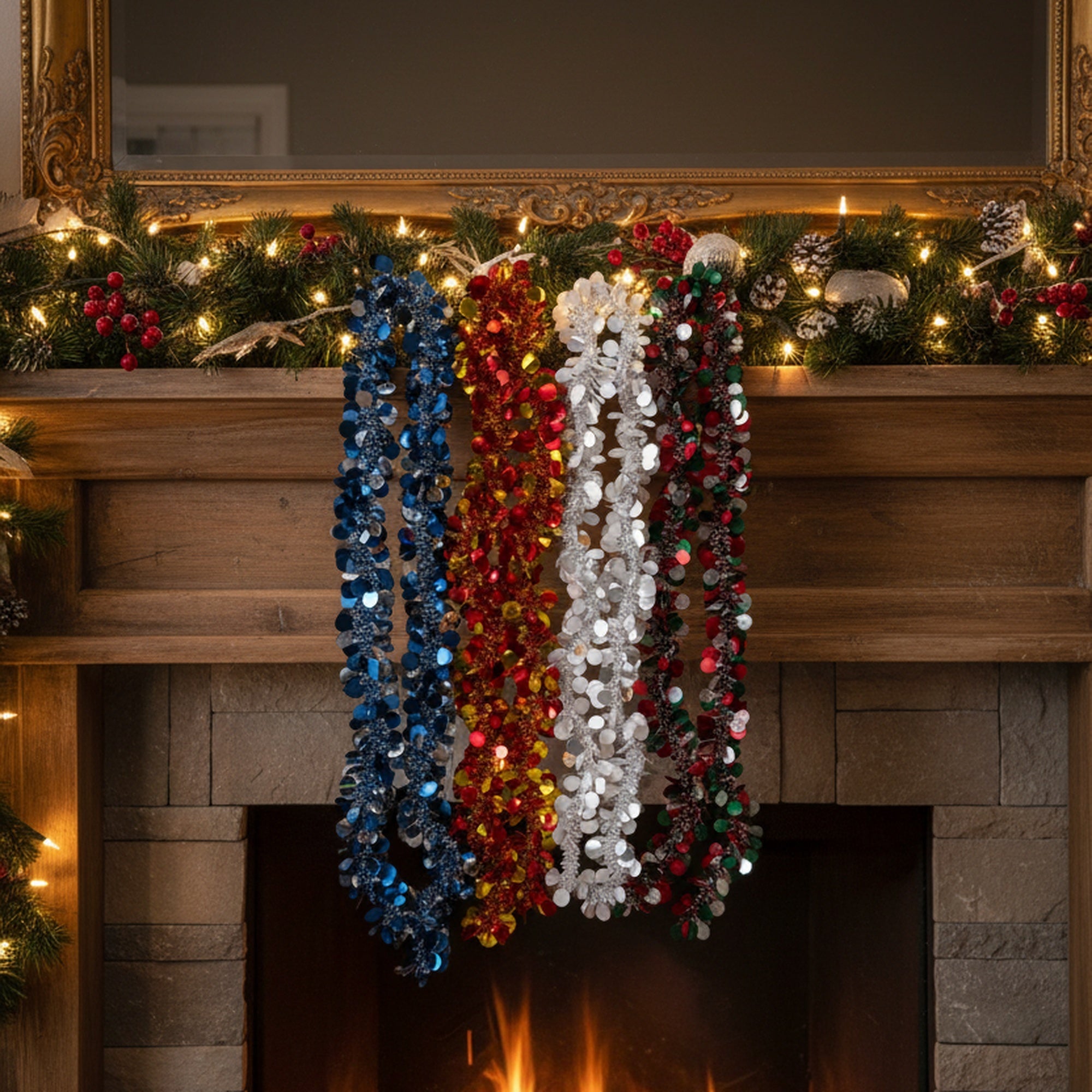 2m Metallic Sequin Discs Tinsel Garland Assorted, Garland, Holiday Decor- Set of 12