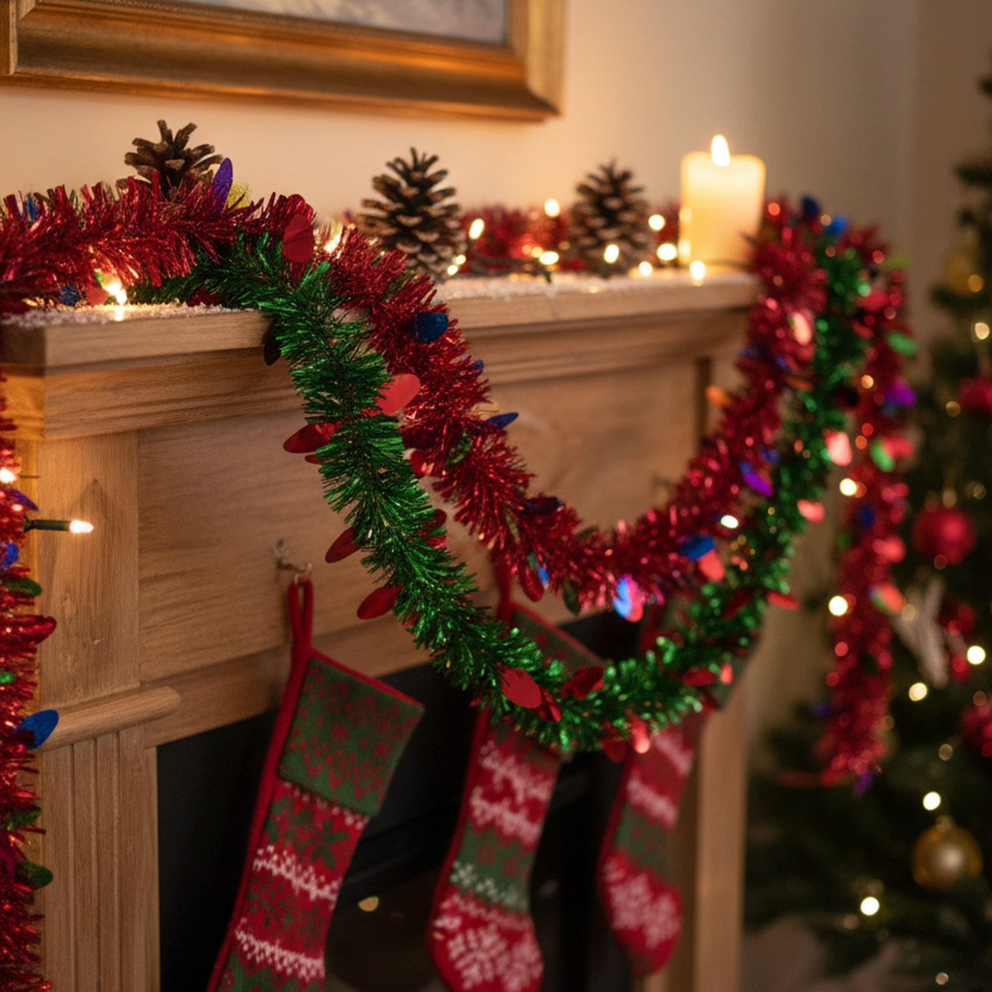2m Metallic Tinsel Garland with Petal Cutouts Assorted, Garland, Holiday Decor- Set of 12