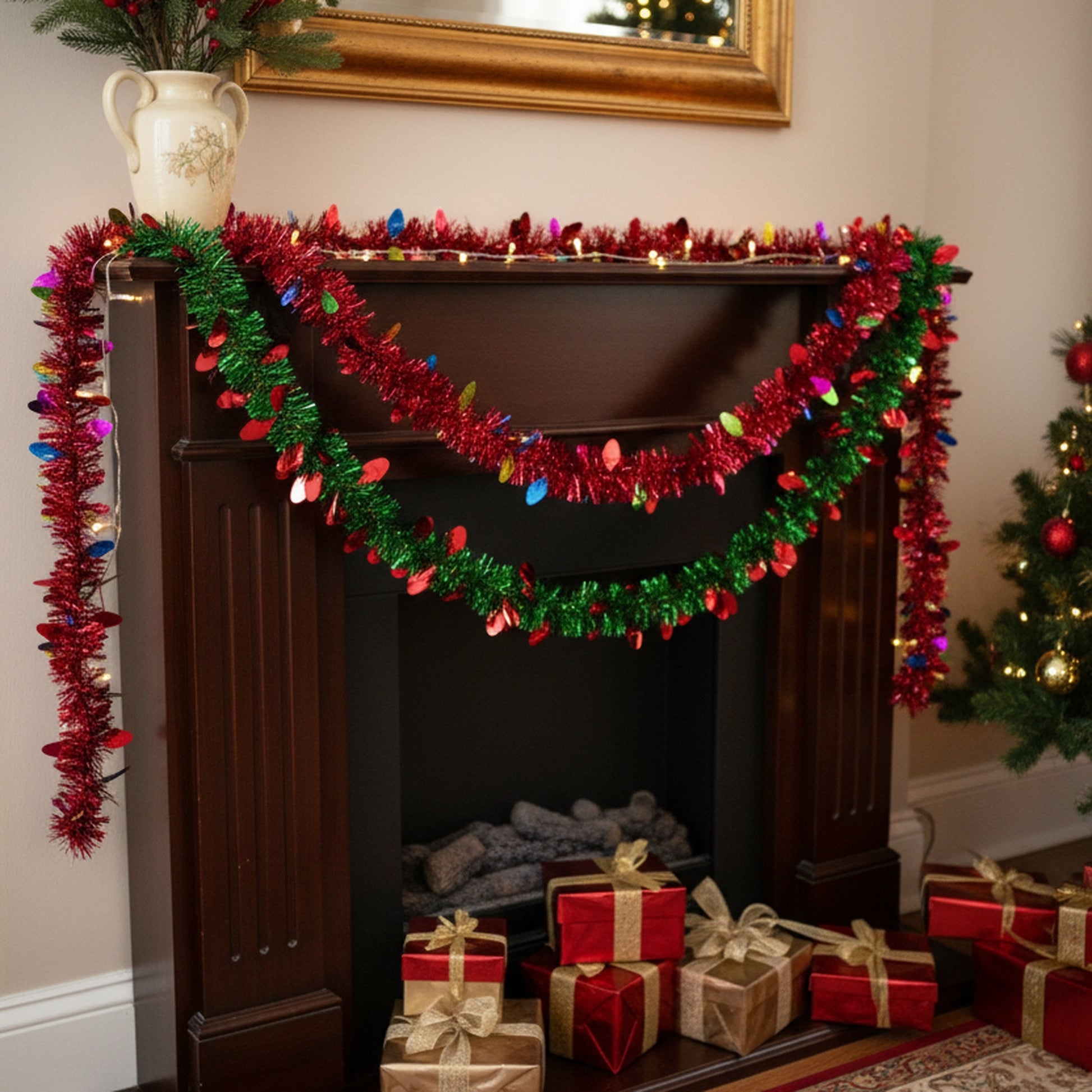 2m Metallic Tinsel Garland with Petal Cutouts Assorted, Garland, Holiday Decor- Set of 12