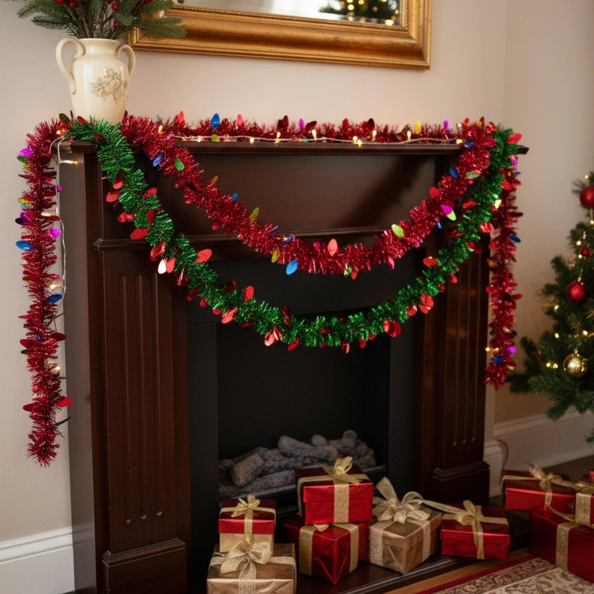 2m Metallic Tinsel Garland with Petal Cutouts Assorted, Garland, Holiday Decor- Set of 12