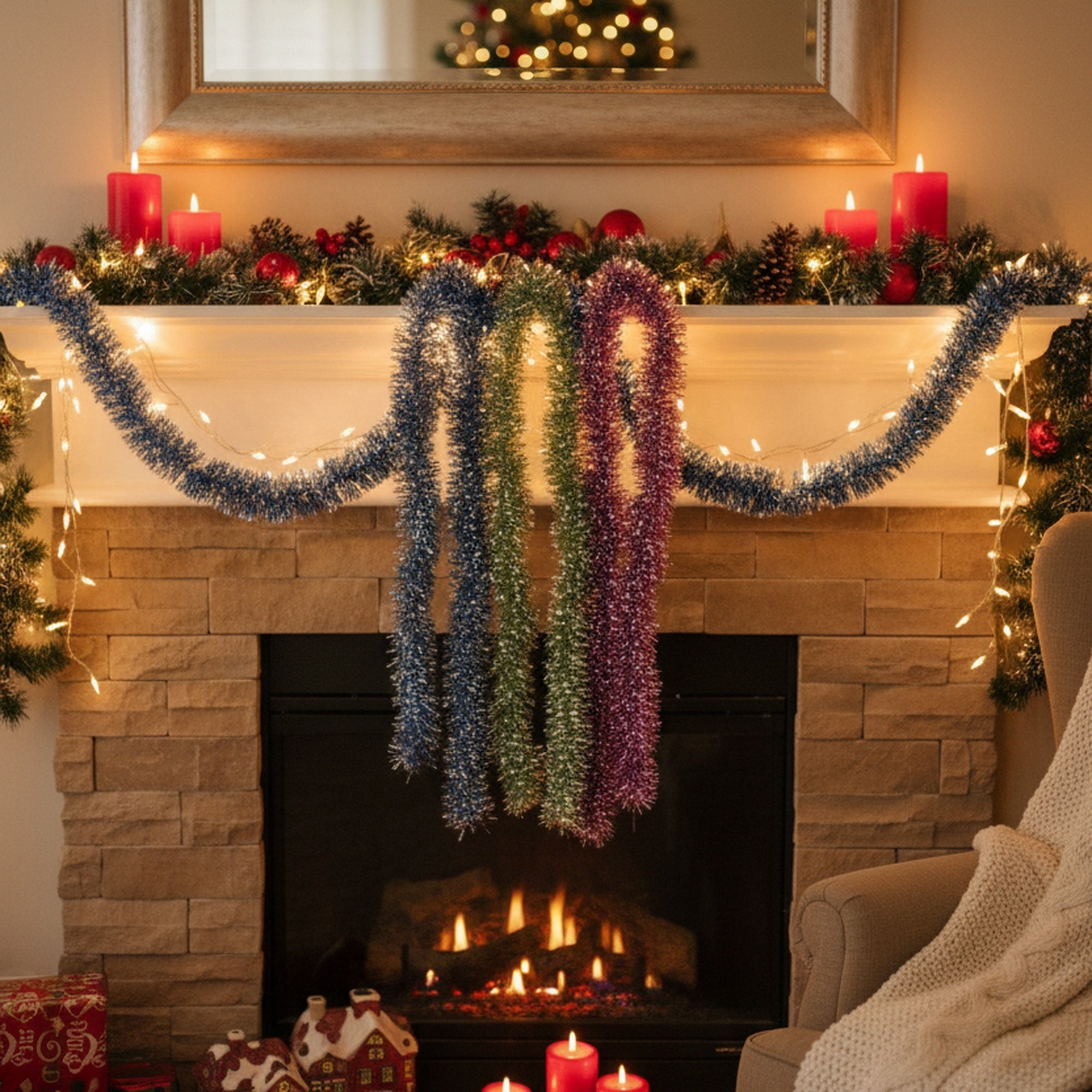 2m Metallic Tinsel Mixed Needle Garland Assorted, Garland, Holiday Decor- Set of 12