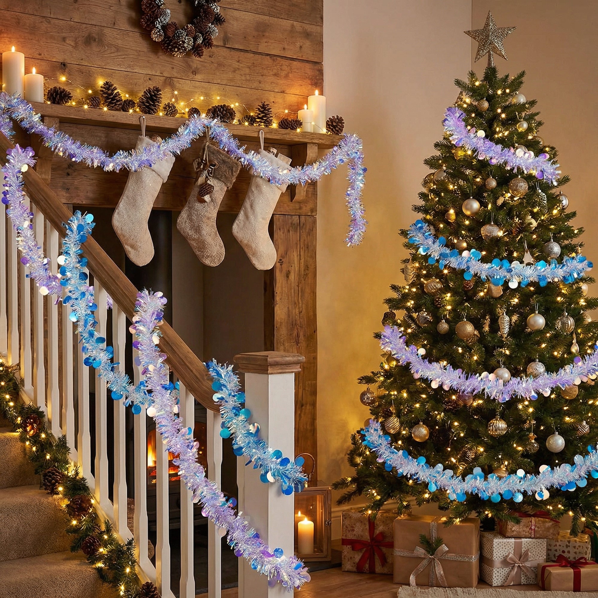 2m Iridescent Tinsel Garland Assorted, Garland, Holiday Decor- Set of 12