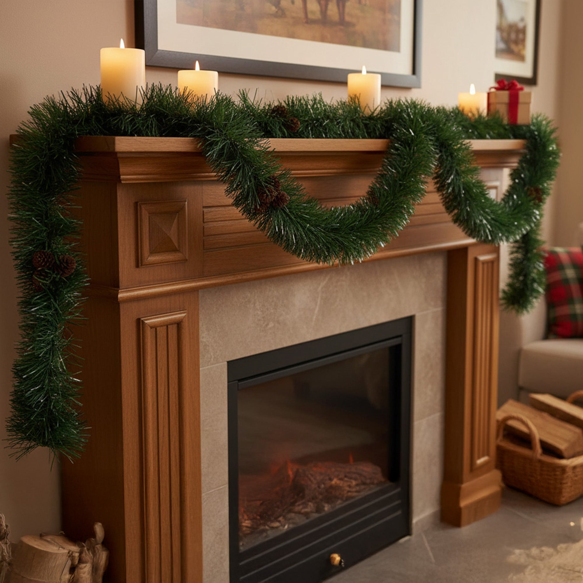 2m Green Tinsel Garland with Pinecones, Garland, Holiday Decor- Set of 2