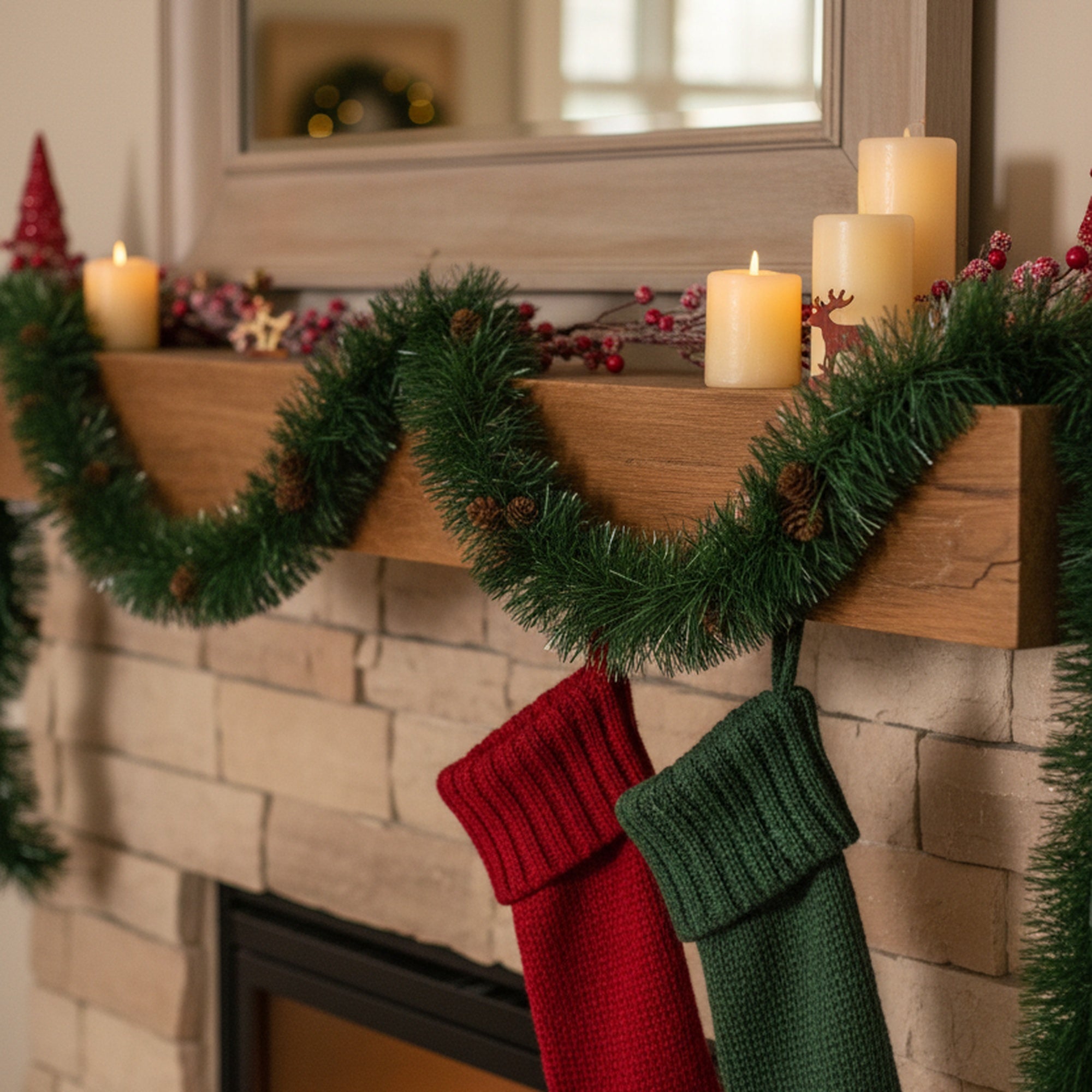 2m Green Tinsel Garland with Pinecones, Garland, Holiday Decor- Set of 2