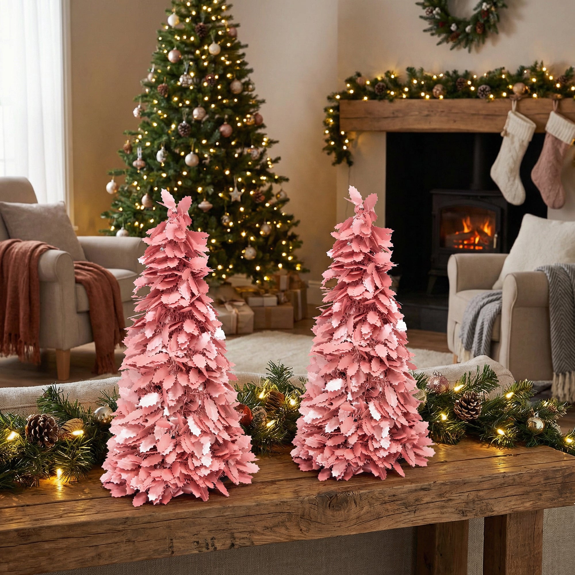 Pink Layered Leaf Cutout Tinsel Christmas Tree, Christmas, Tinsel Decor, Holiday Decor- Set of 2