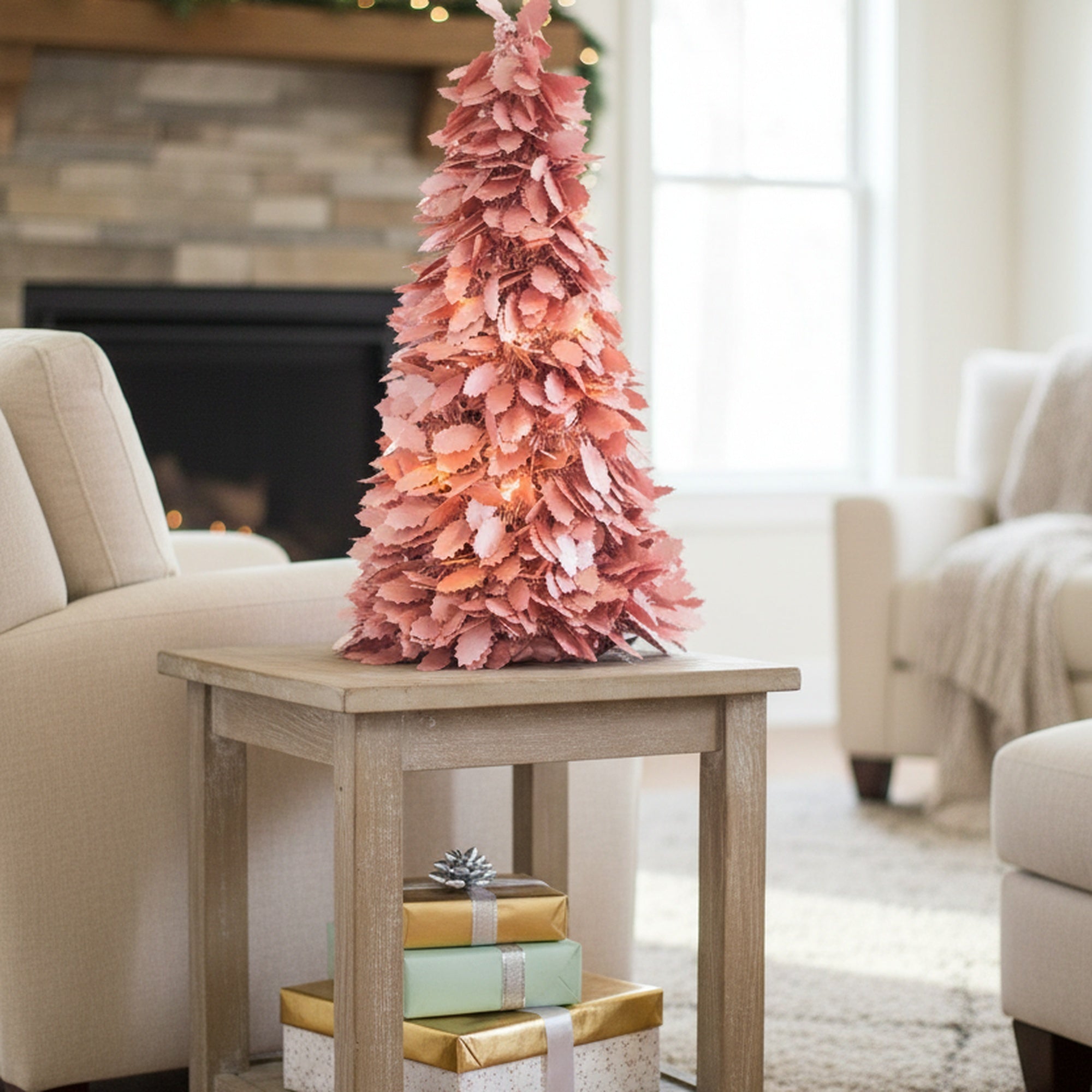 Pink Layered Leaf Cutout Tinsel Christmas Tree, Christmas, Tinsel Decor, Holiday Decor- Set of 2
