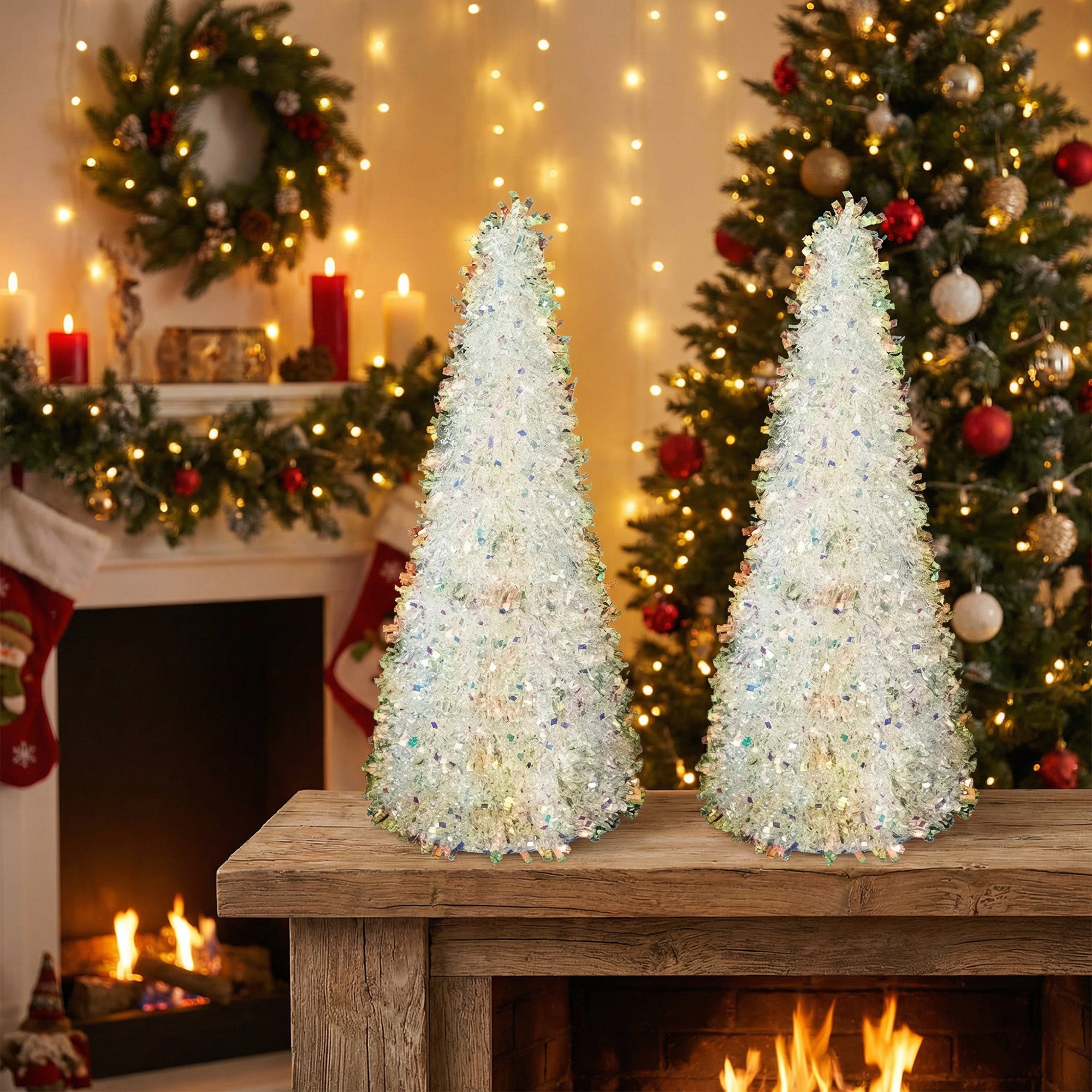 Iridescent Tinsel Christmas Tree, Christmas, Tinsel Decor, Holiday Decor- Set of 2