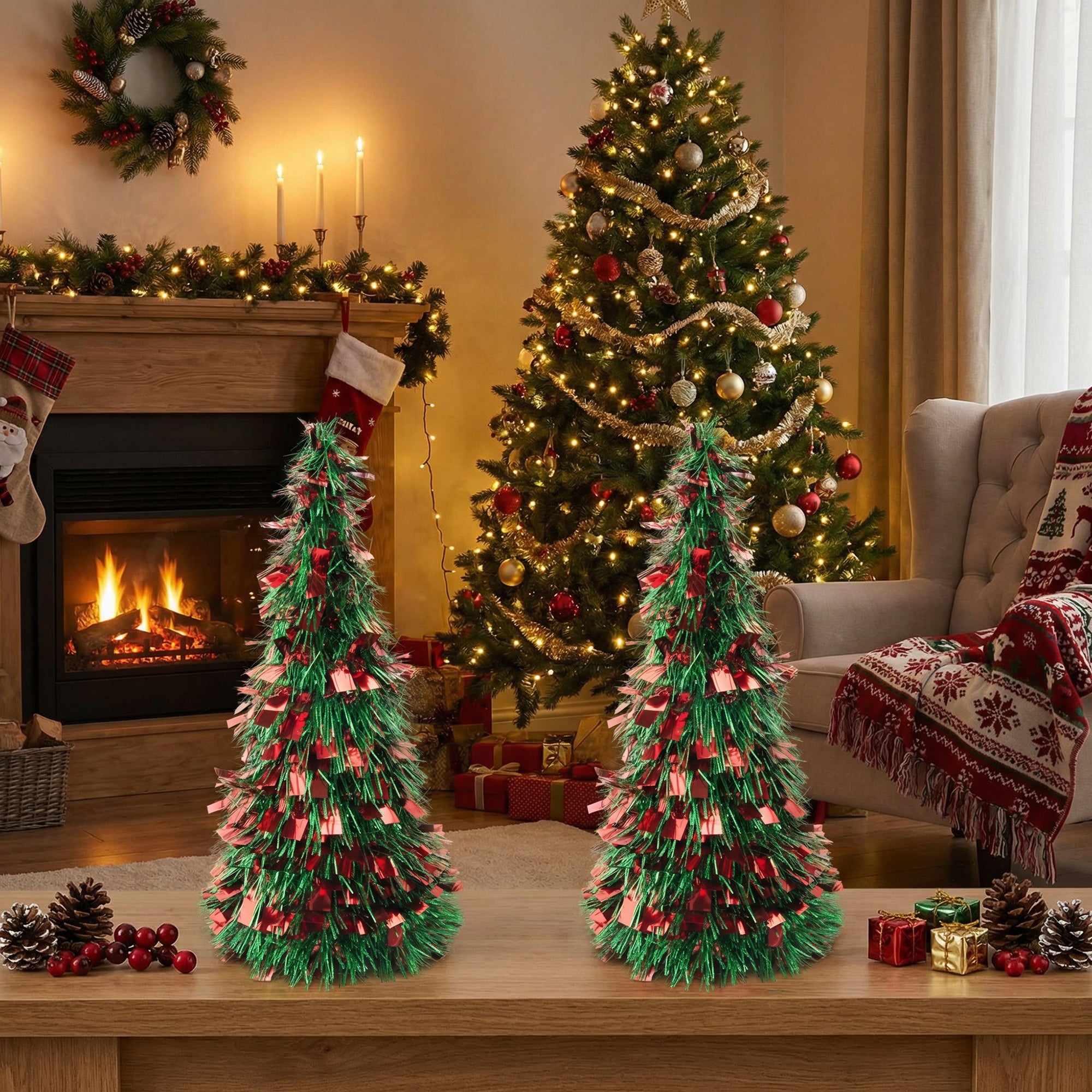 Red and Green Tinsel Christmas Tree 18", Christmas, Tinsel Decor, Holiday Decor- Set of 2