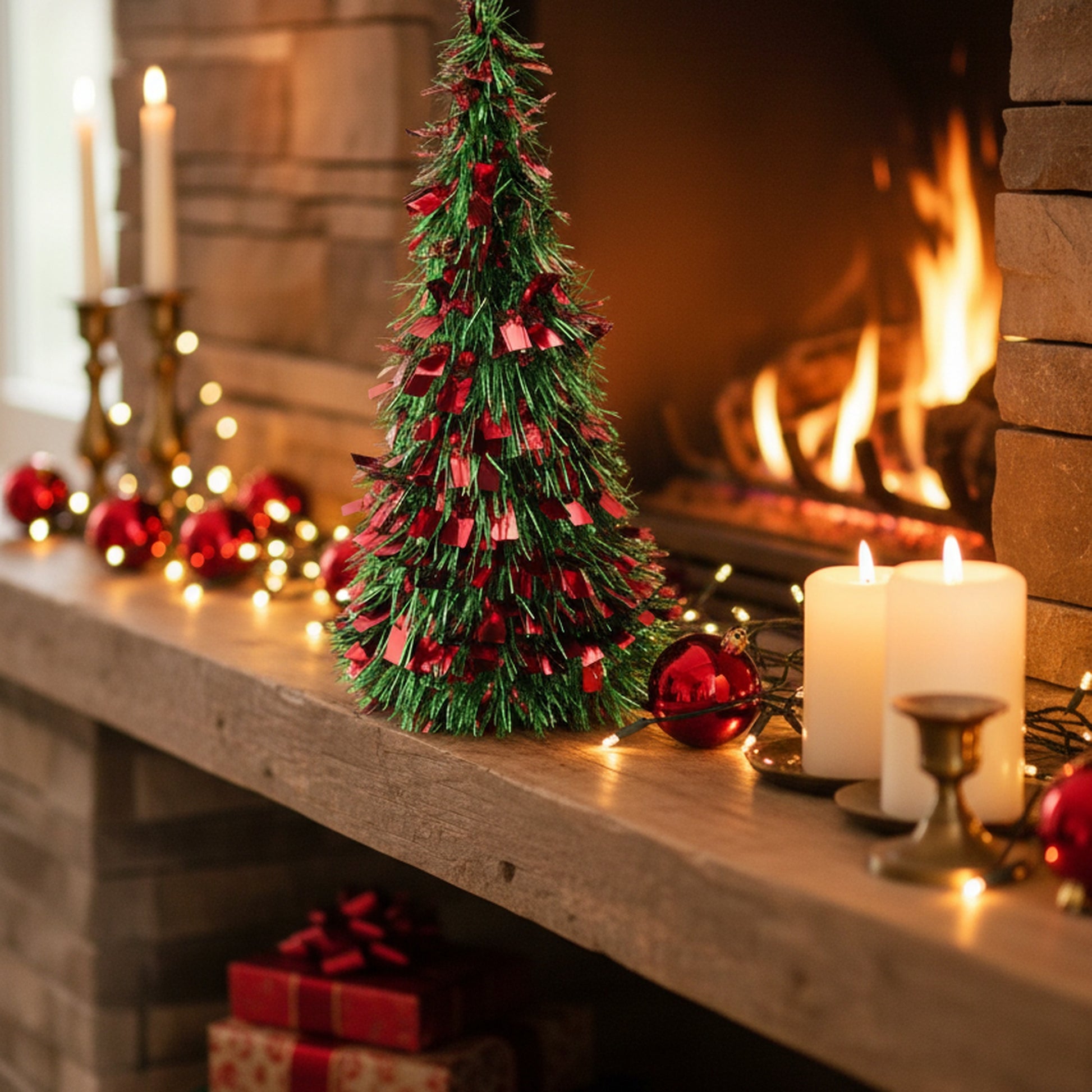 Red and Green Tinsel Christmas Tree 18", Christmas, Tinsel Decor, Holiday Decor- Set of 2