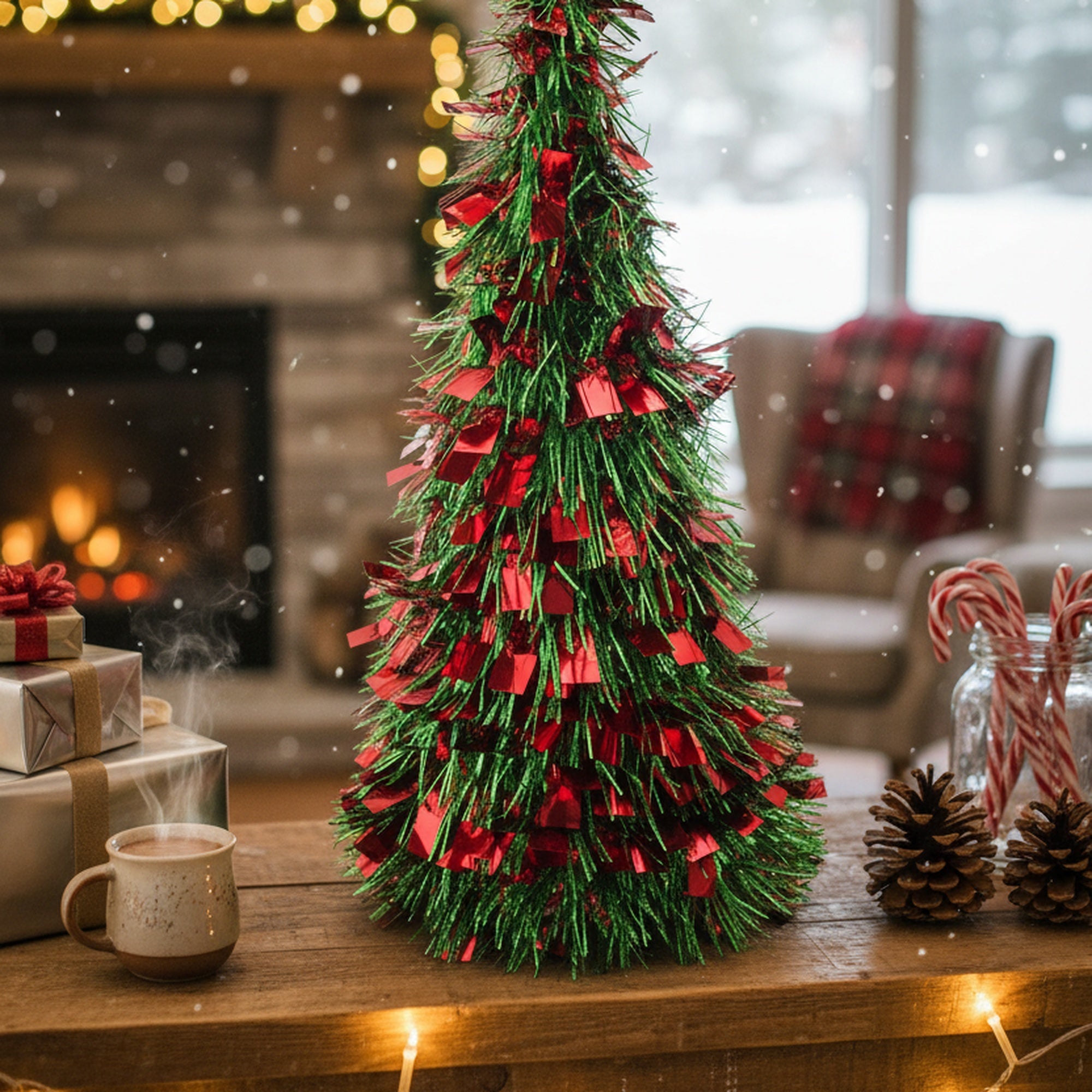 Red and Green Tinsel Christmas Tree 18", Christmas, Tinsel Decor, Holiday Decor- Set of 2