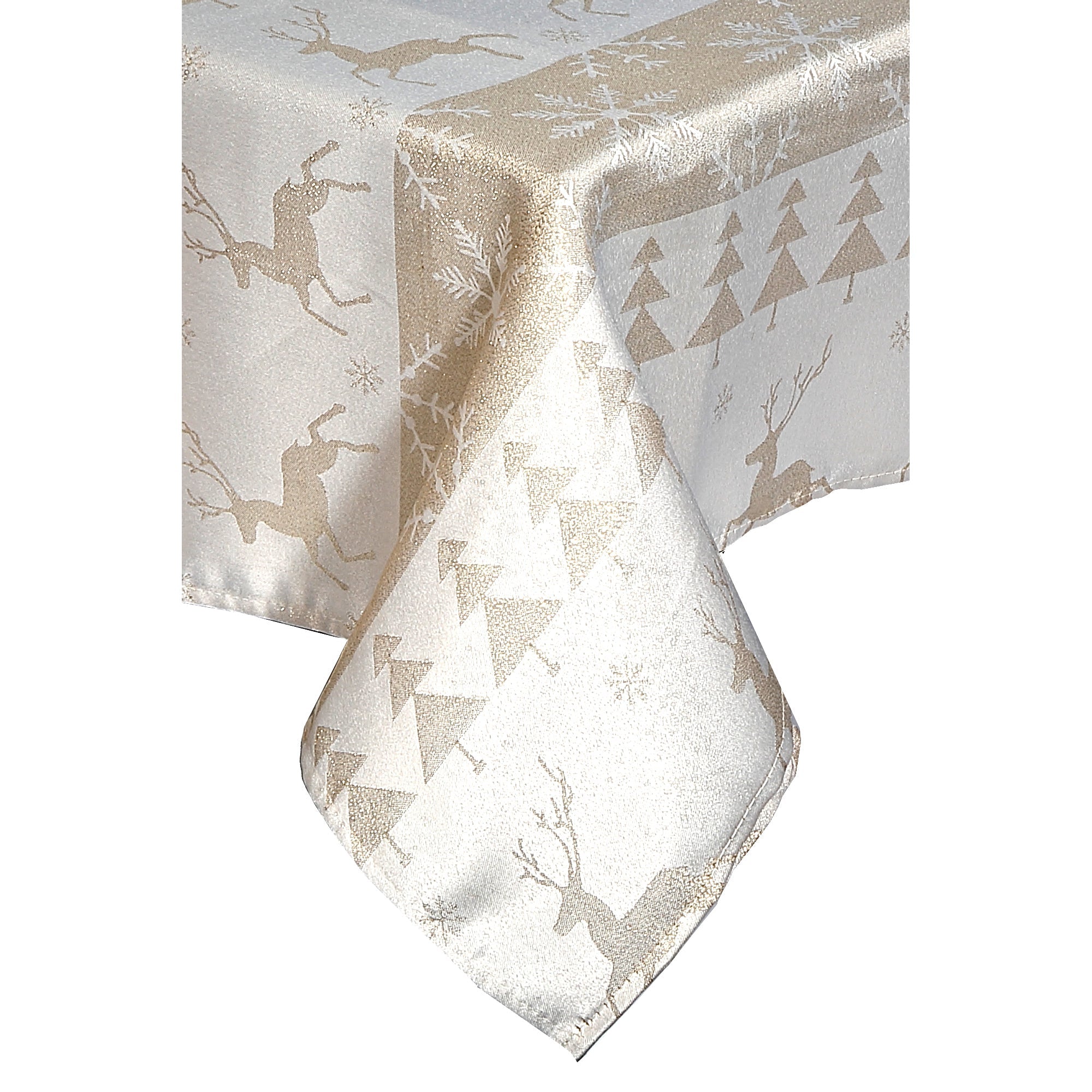 Lurex Round Tablecloth 60 Inch Gold Jumping Reindeers Holiday Table Cover