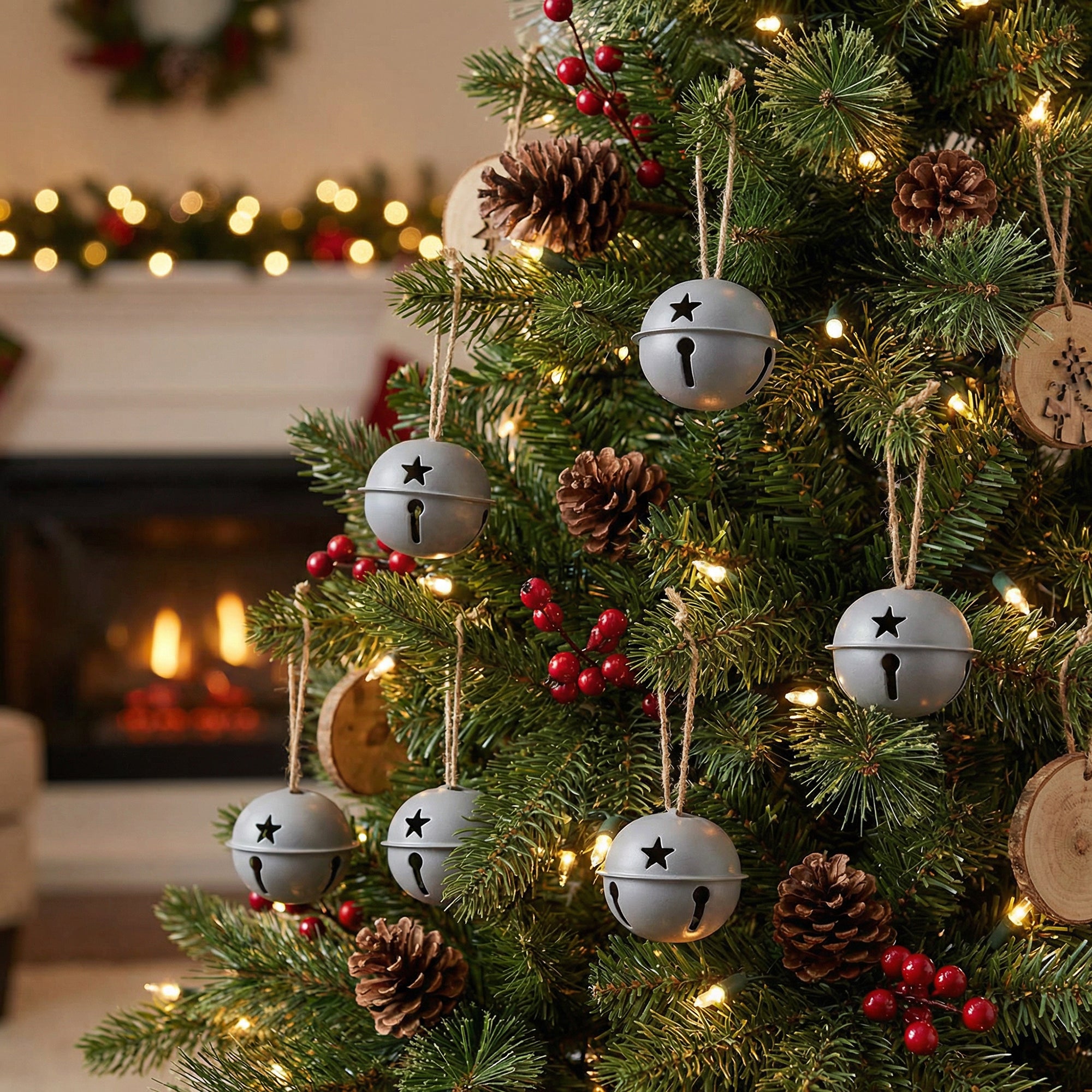 Jingle Bell Set of 6 Grey Medium, Christmas, Jingle Bells, Holiday Decor- Set of 6