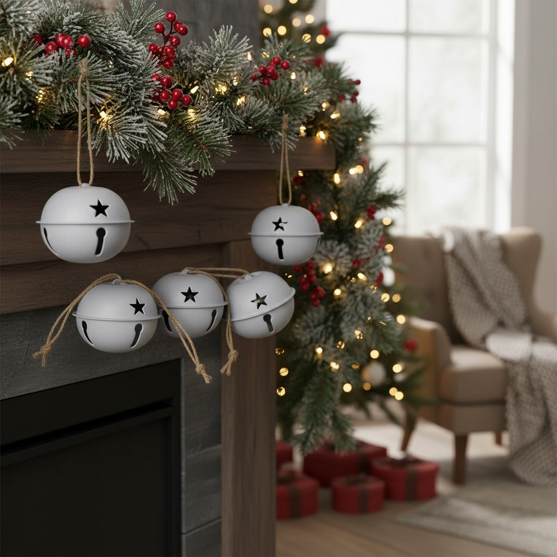Jingle Bell Set of 6 Grey Medium, Christmas, Jingle Bells, Holiday Decor- Set of 6