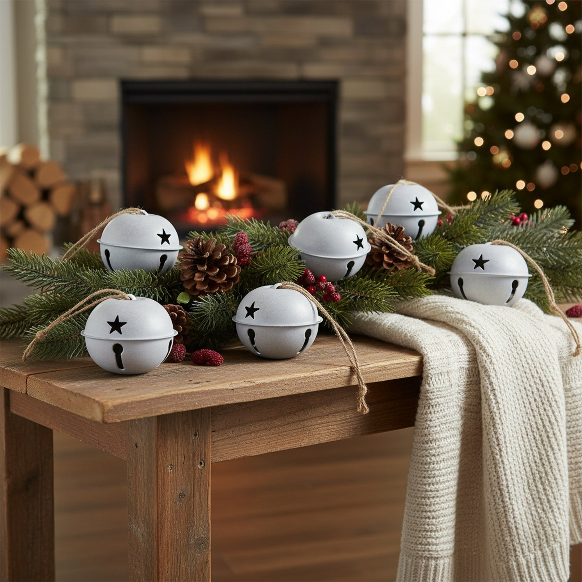 Jingle Bell Set of 6 Grey Medium, Christmas, Jingle Bells, Holiday Decor- Set of 6