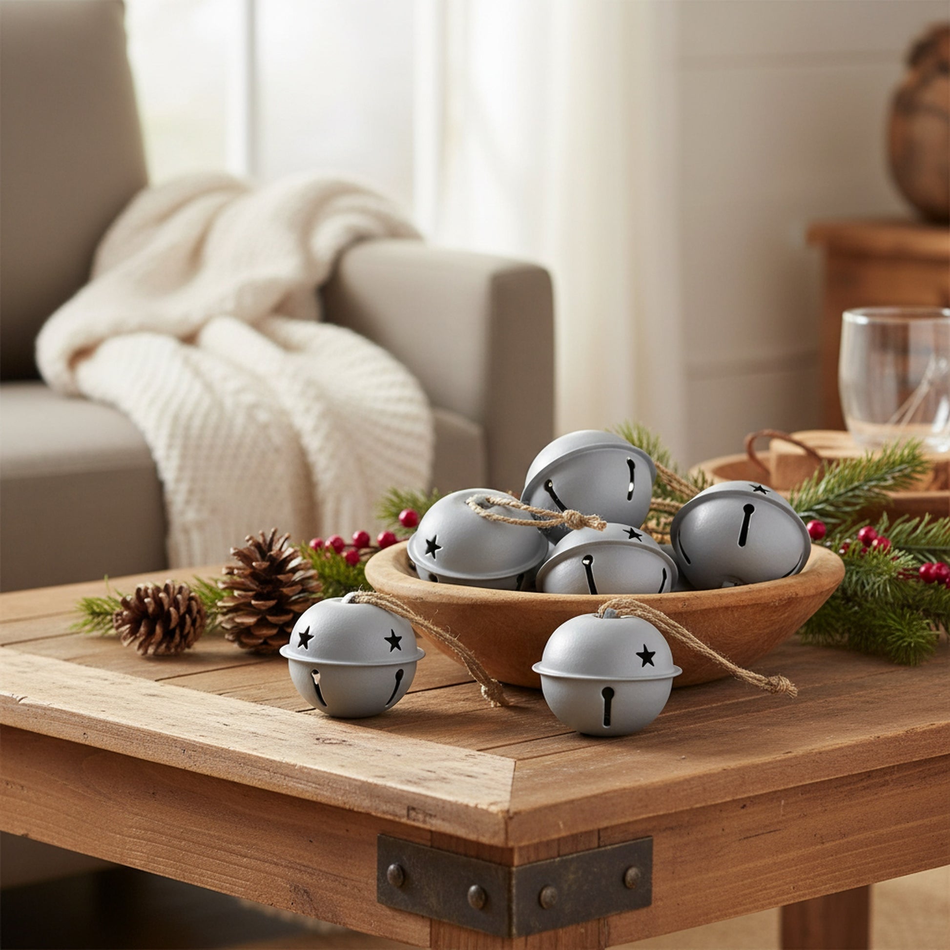 Jingle Bell Set of 6 Grey Small, Christmas, Jingle Bells, Holiday Decor- Set of 6