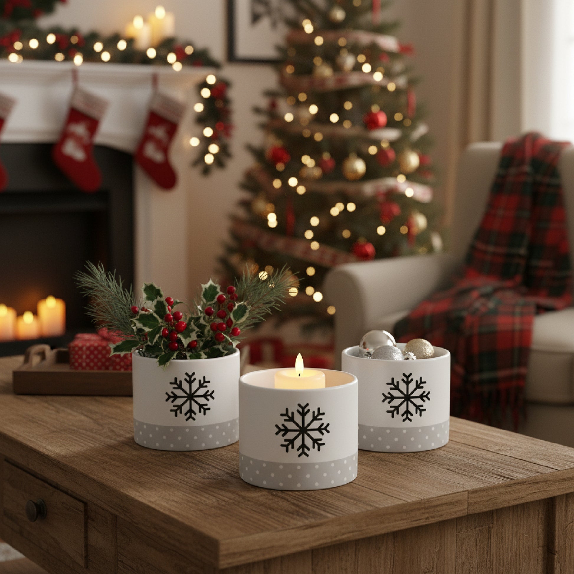 Snowflake and Pindot Pot Medium, Christmas, Planter, Holiday Decor- Set of 3