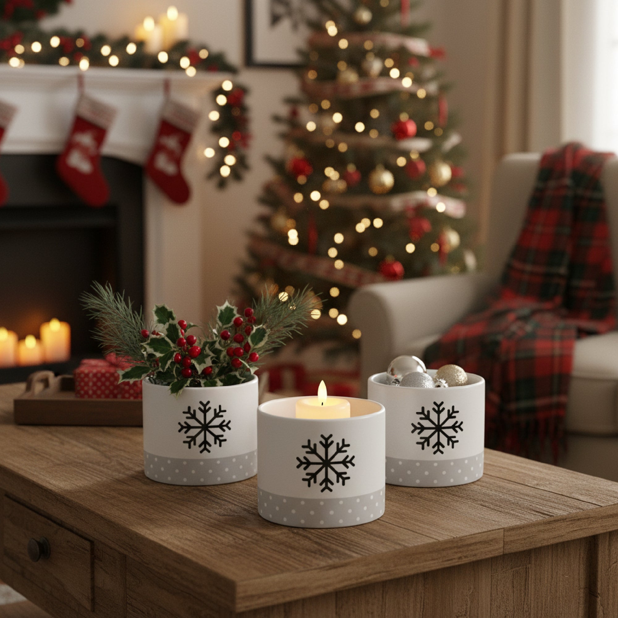 Snowflake and Pindot Pot Medium, Christmas, Planter, Holiday Decor- Set of 3