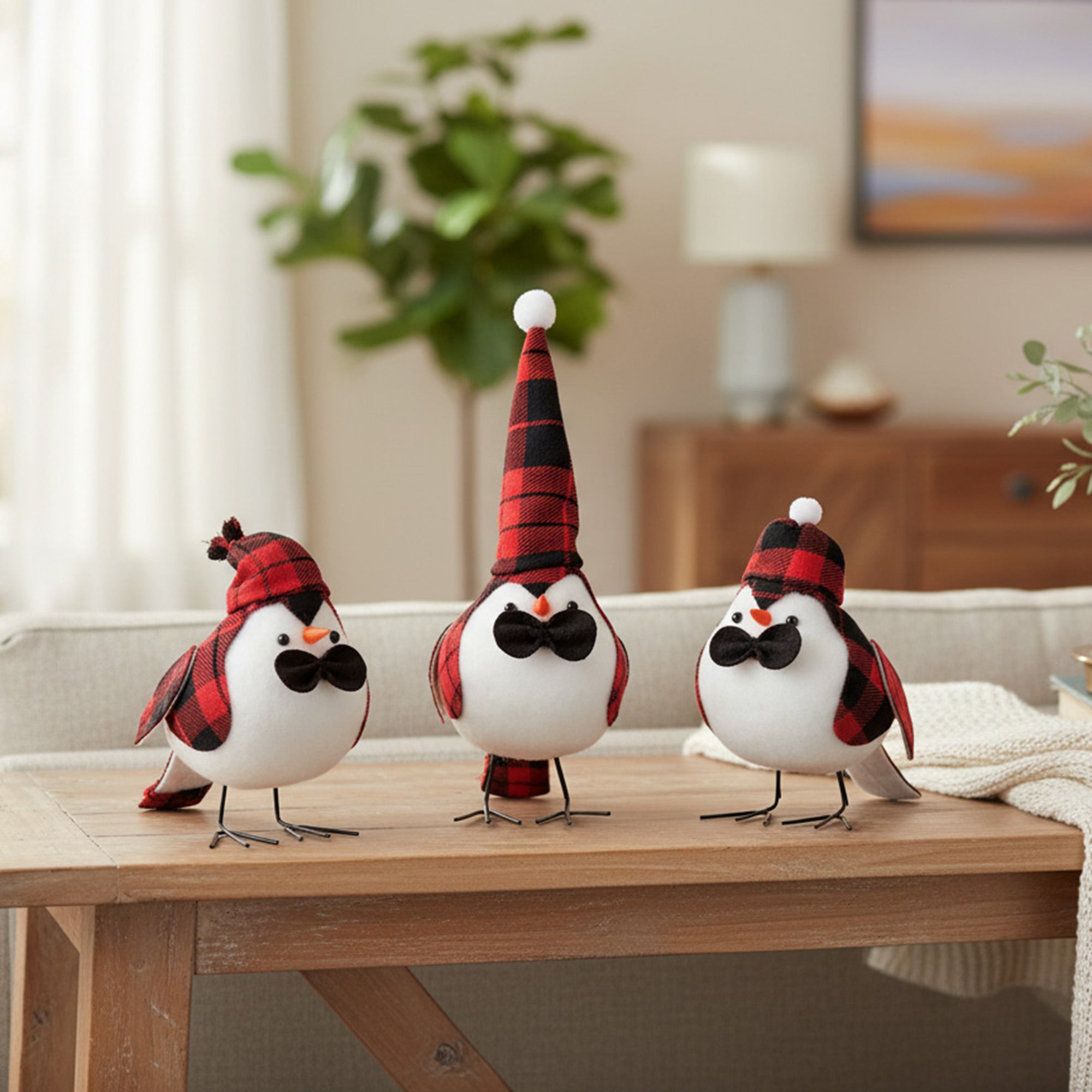 Plaid Bird with Black Bowtie 3 Assorted, Holiday Decor- Set of 3