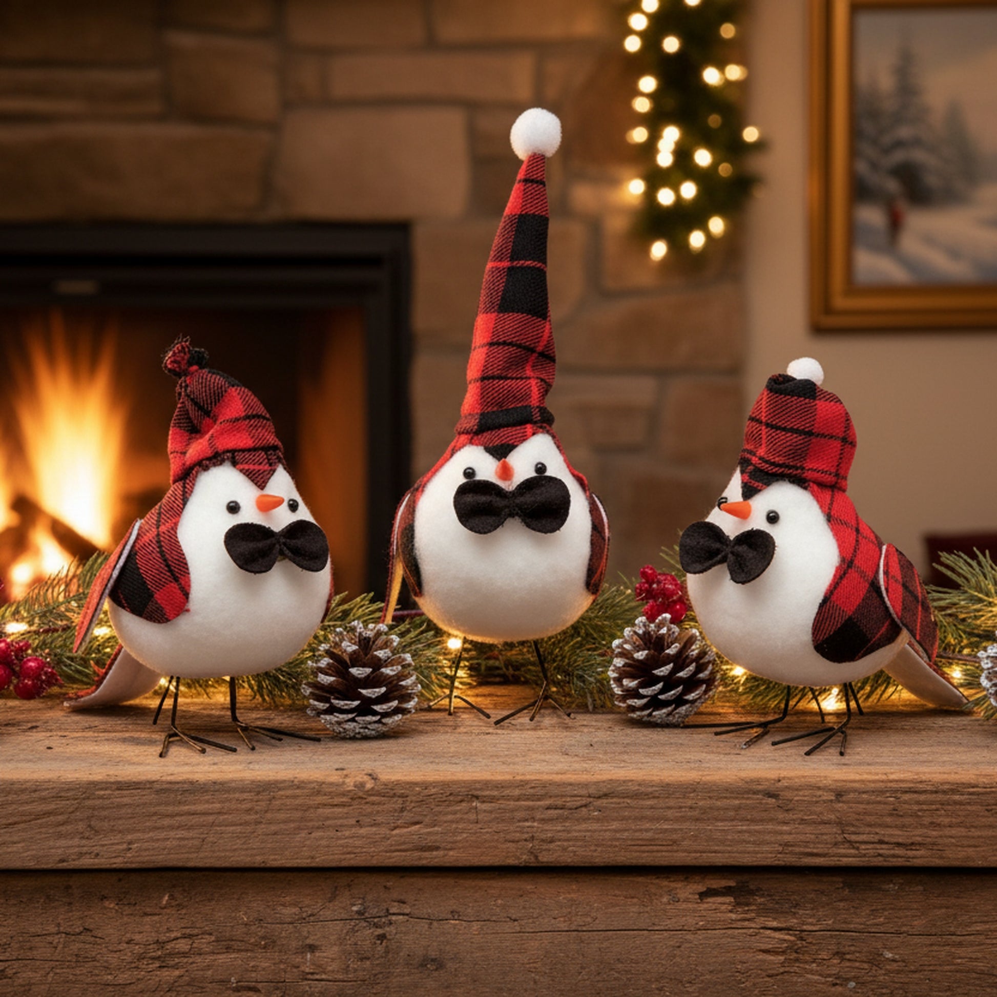 Plaid Bird with Black Bowtie 3 Assorted, Holiday Decor- Set of 3